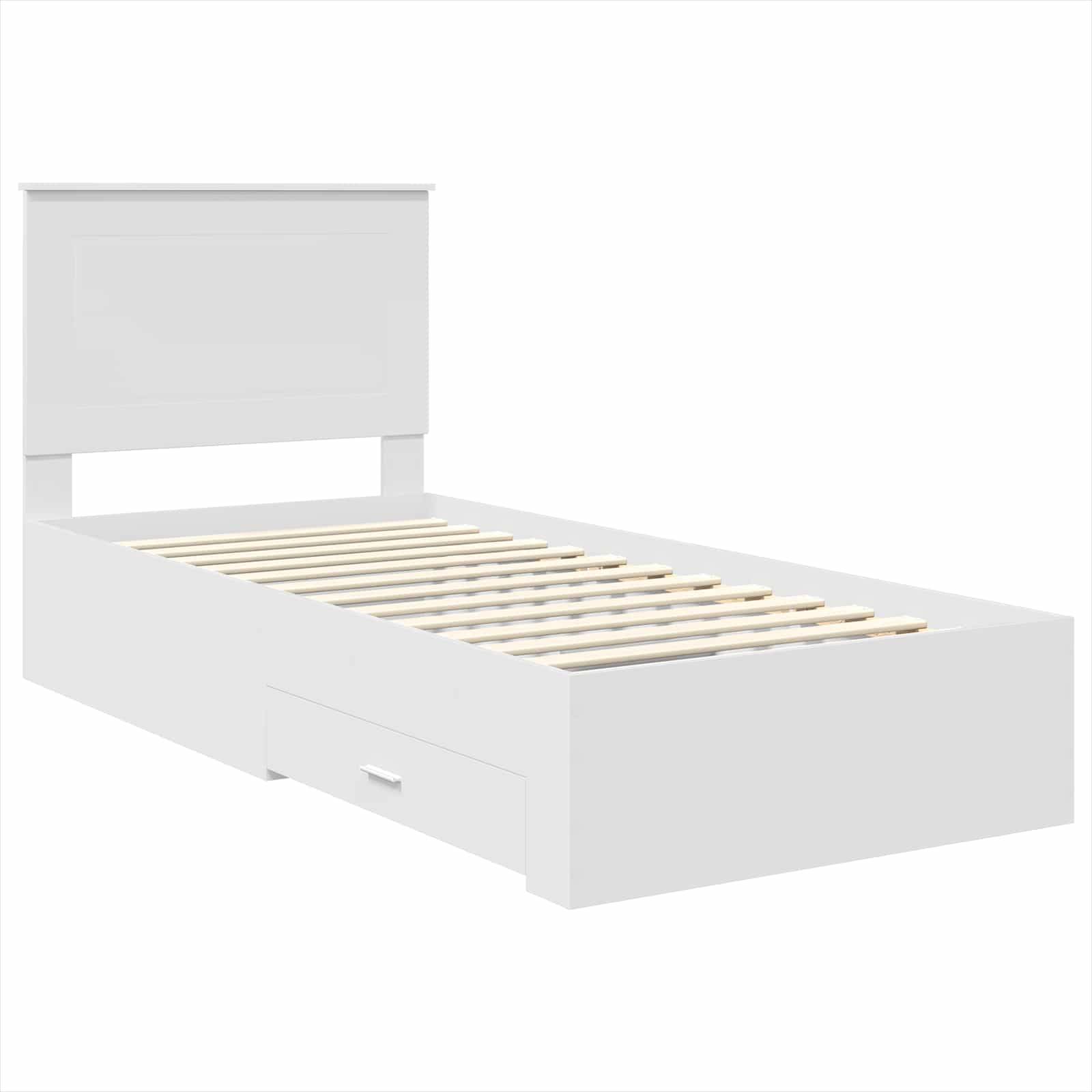 Einzelbett in Weiß mit Bettkasten, Lattenrost und schlichtem Kopfteil, geeignet für ein minimalistisches Schlafzimmer.