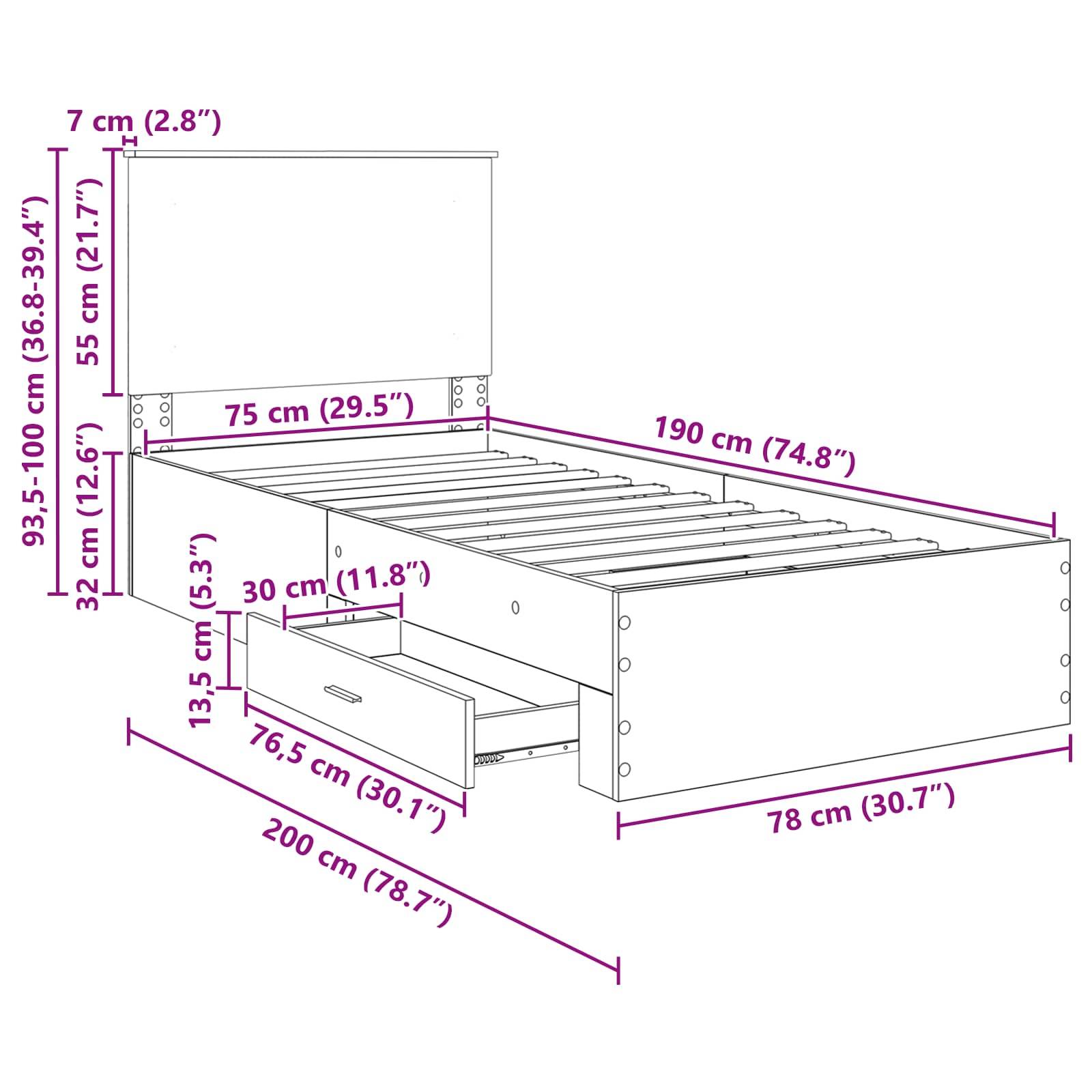 Eine Skizze eines Einzelbettgestells mit Stauraum mit folgenden Maßen: 190 cm lang, 78 cm breit und höhenverstellbar zwischen 93,5-100 cm; inklusive Schubladen.