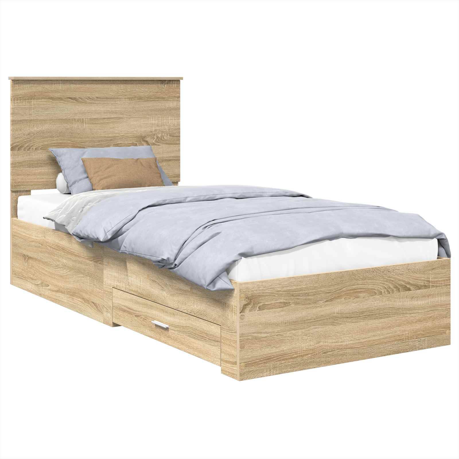 Ein Holz-Einzelbett mit ordentlich angeordneter blau-weißer Bettwäsche und einem beigen Kissen. Das Bett verfügt über eine Aufbewahrungsschublade darunter.