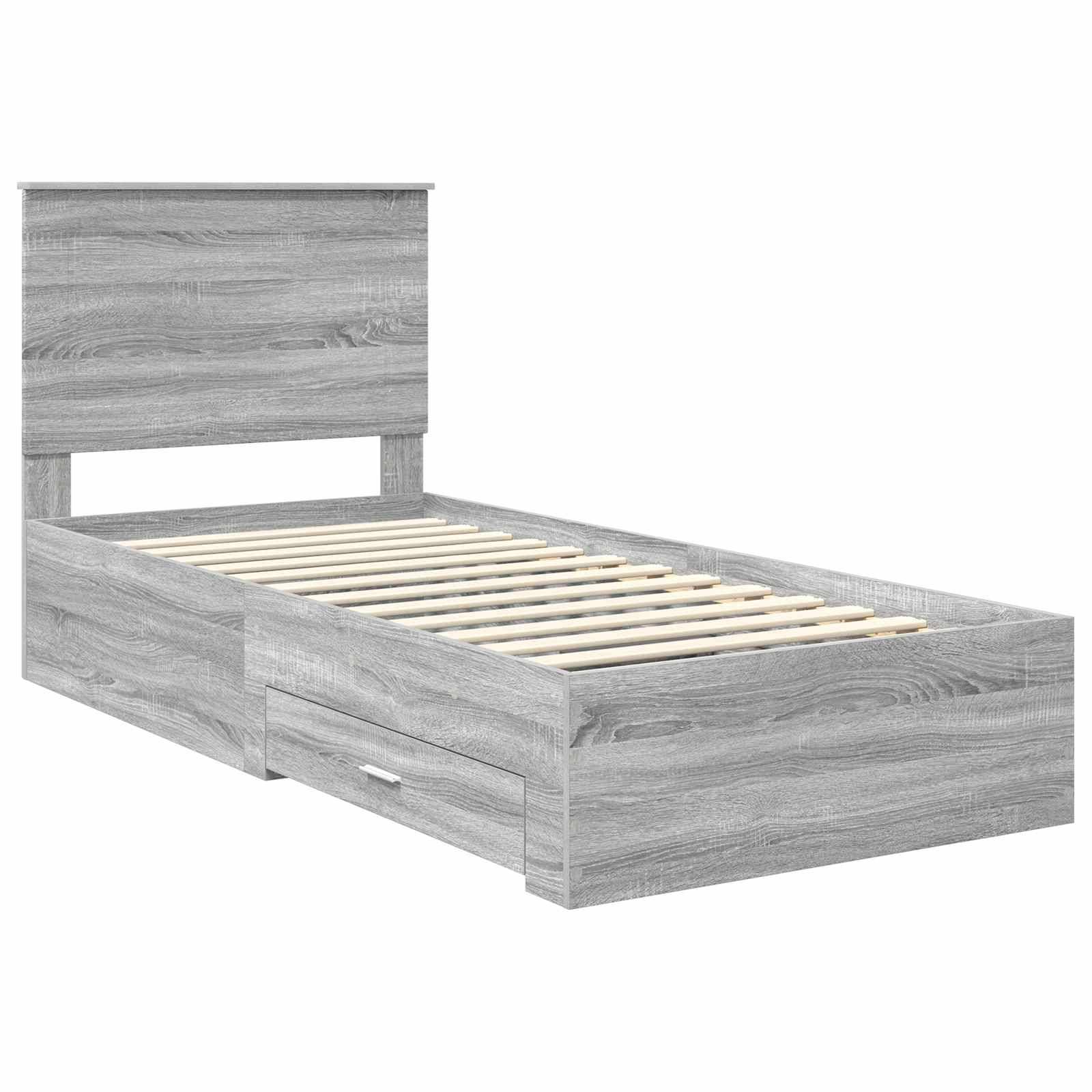 Ein grauer Holz-Doppelbett-Rahmen mit Kopfteil, ausgestattet mit einer einzelnen Schublade und einem Lamellenunterstützungssystem.