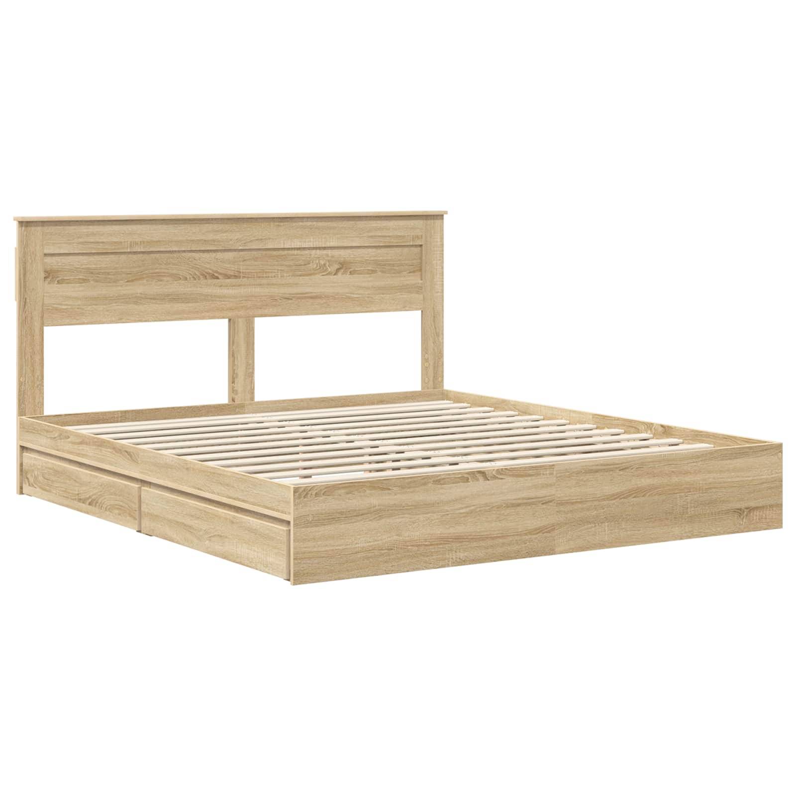 Ein Holzbettgestell mit Kopfteil und Lattenrost wird gezeigt, das eine natürliche helle Holzoberfläche mit geradlinigen, klaren Kanten aufweist.