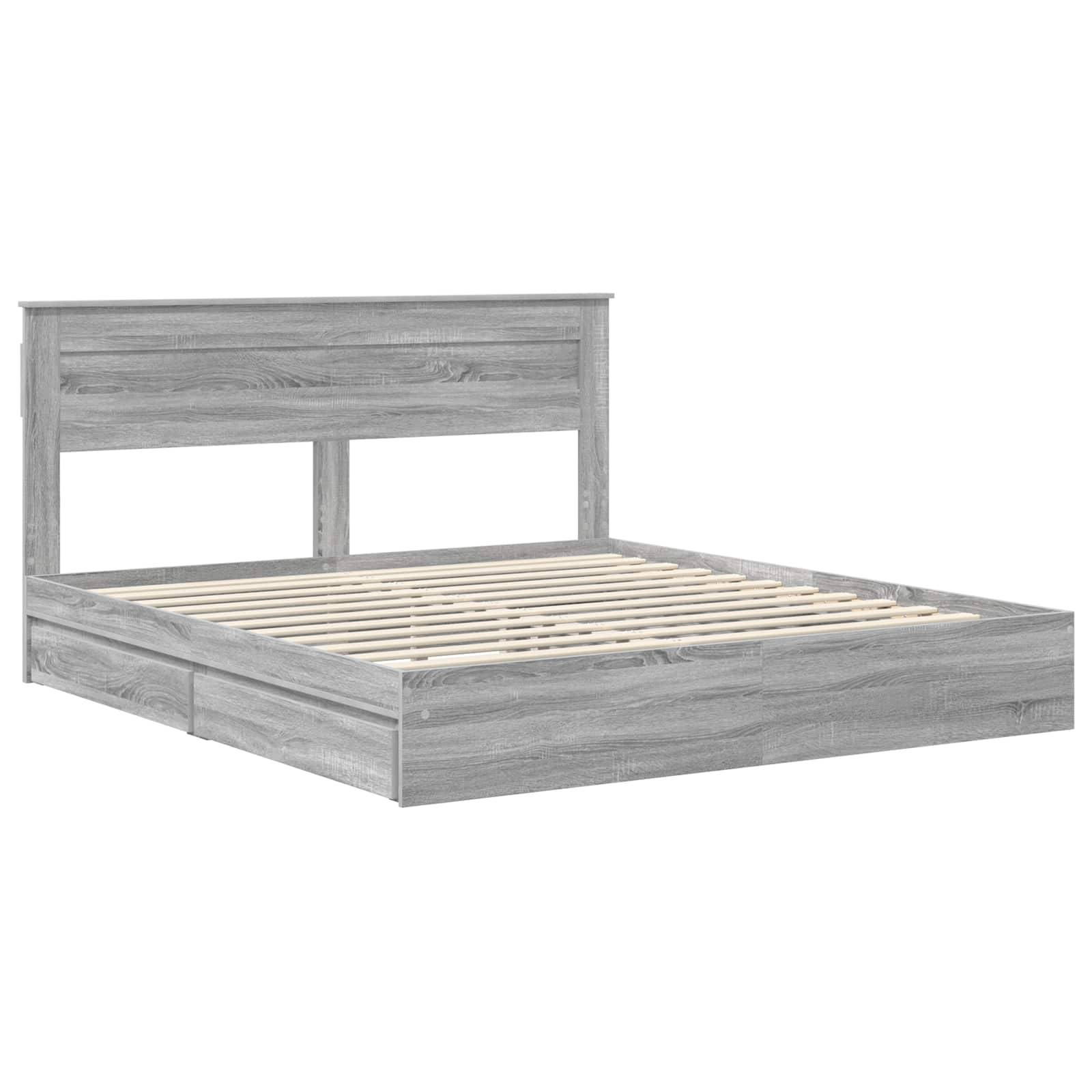 Ein Holz-Plattformbett mit Kopfteil, ausgestattet mit einer grauen Beschichtung und einem Latten-Unterstützungssystem für die Matratzenablage.