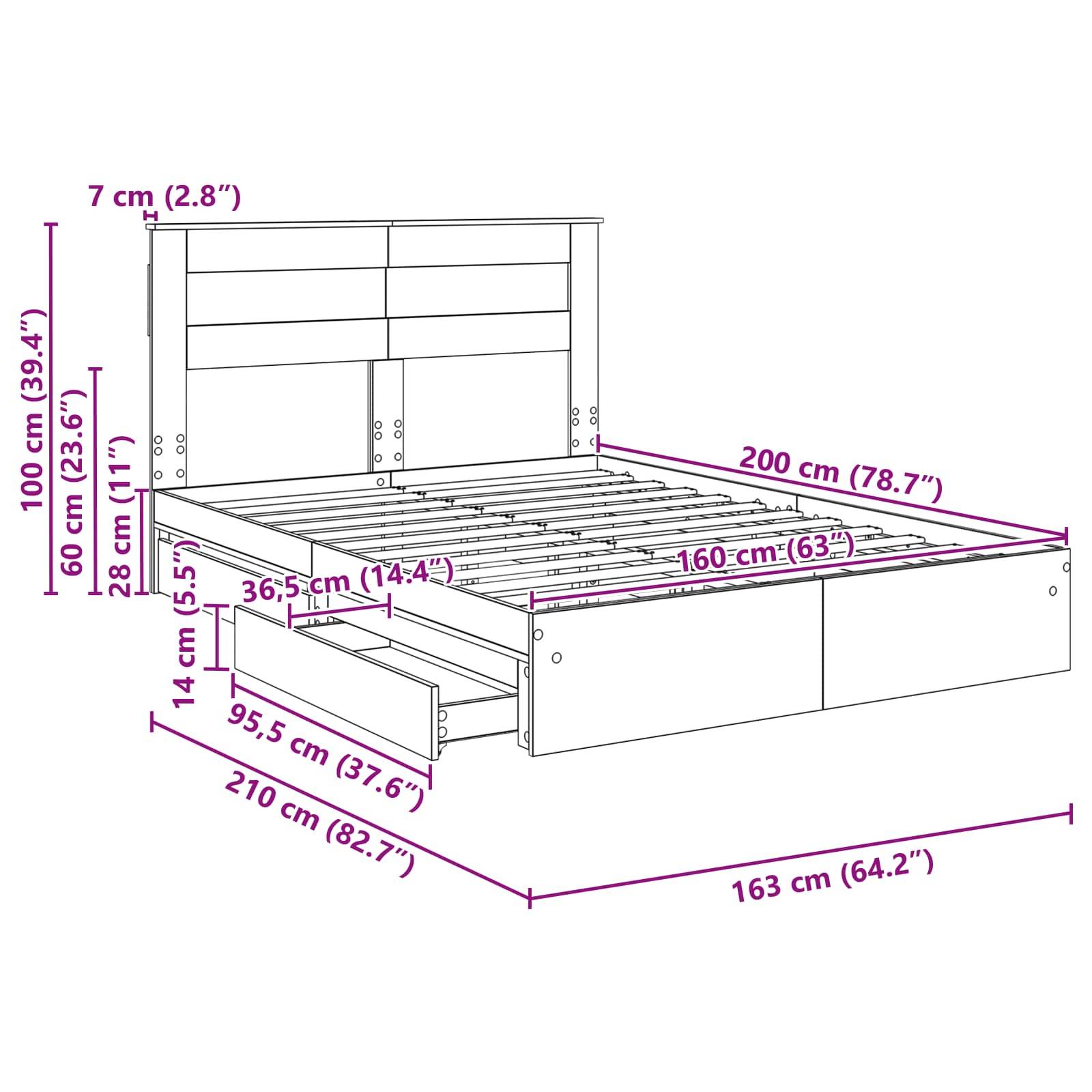 Abmessungen eines Bettes mit Schubladen: Höhe 100 cm, Breite 163 cm, Tiefe 210 cm. Schublade misst 95,5 cm in der Breite, ragt 55,5 cm heraus.