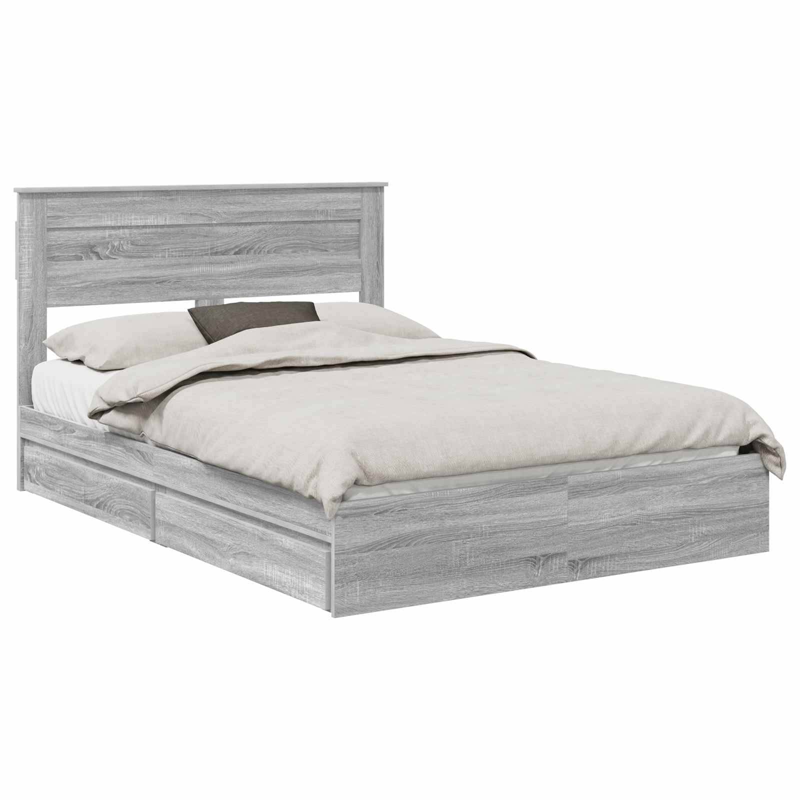 Ein Holzbett mit Kopfteil und Staurageschubladen darunter, ausgestattet mit neutraler Bettwäsche.