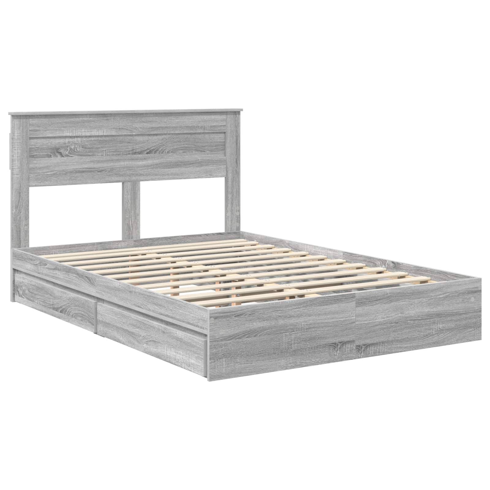 Ein grauer Holzbettrahmen mit Lattenrost am Kopf- und Fußende, mit einem einfachen, modernen Design ohne Matratze oder Bettwäsche.