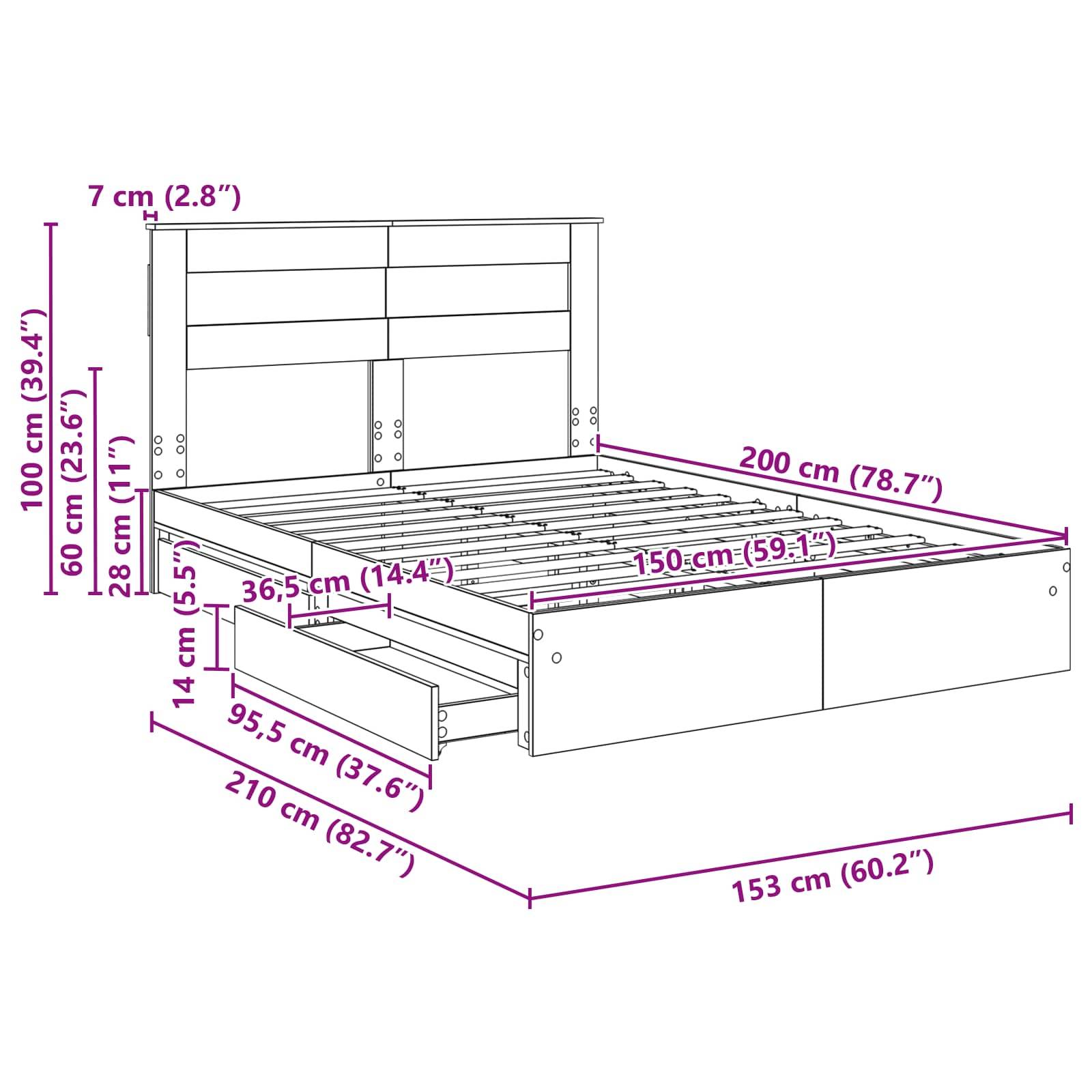 Bettrahmen-Diagramm mit präzisen Maßen in Zentimetern (Zoll), einschließlich Breite, Höhe und Schubladengröße.