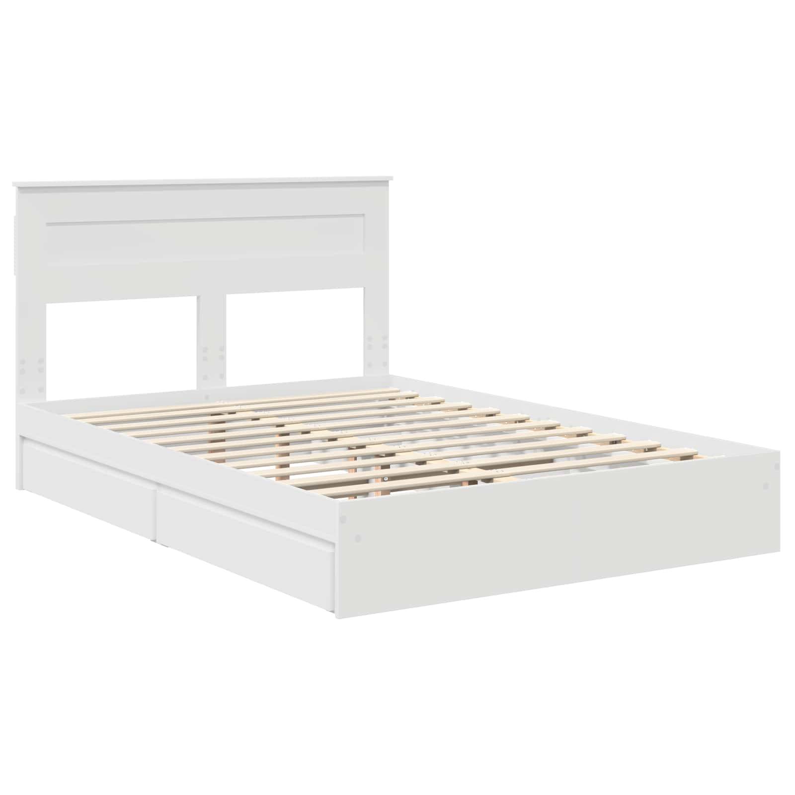 Weißer Holzbettrahmen mit einem schlichten Kopfteildesign, ausgestattet mit einer Lattenrost-Basis zur Matratzenunterstützung.