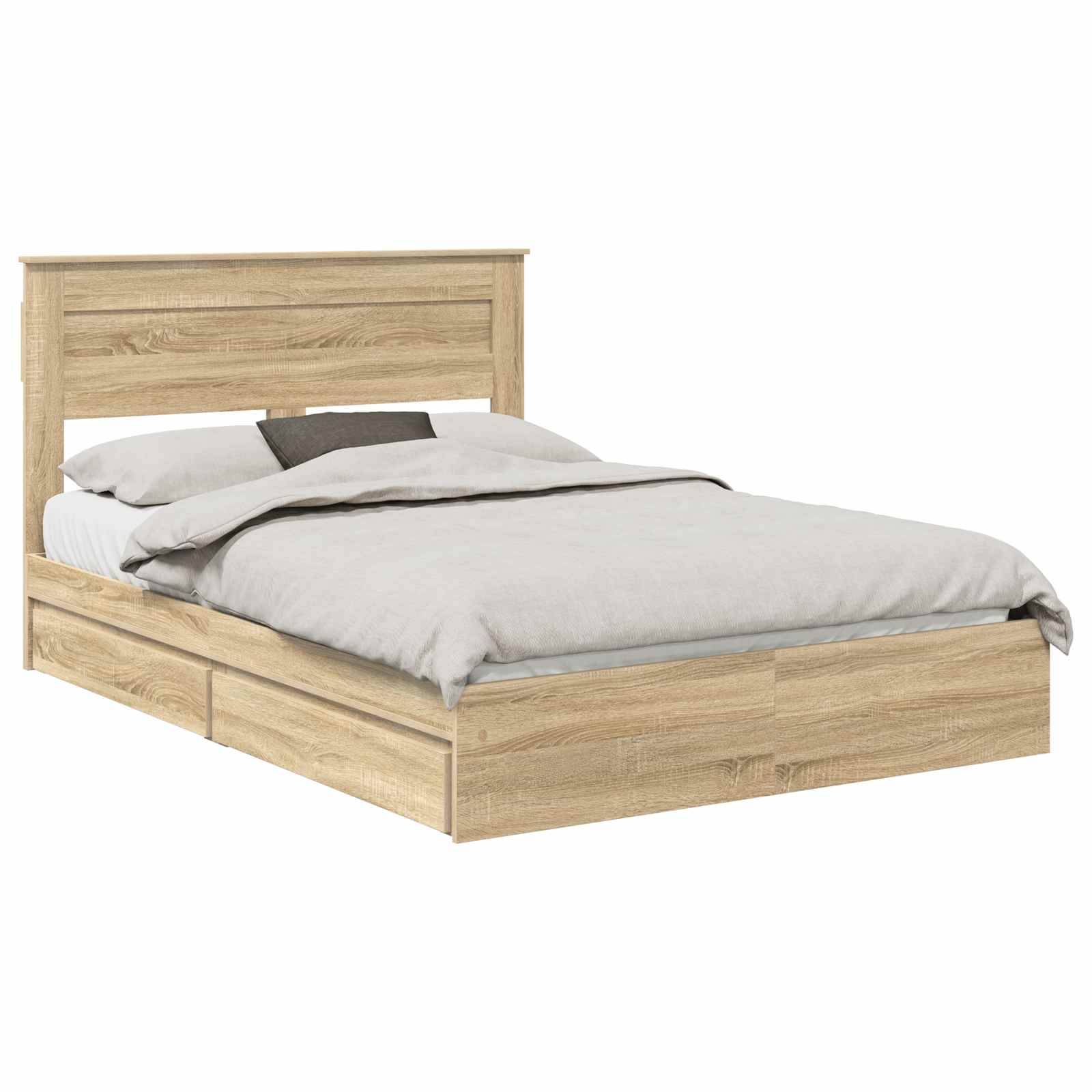Ein Holzbettgestell mit Kopfteil, ausgestattet mit neutral gefärbter Bettwäsche und zwei Kissen, vor einem schlichten weißen Hintergrund.