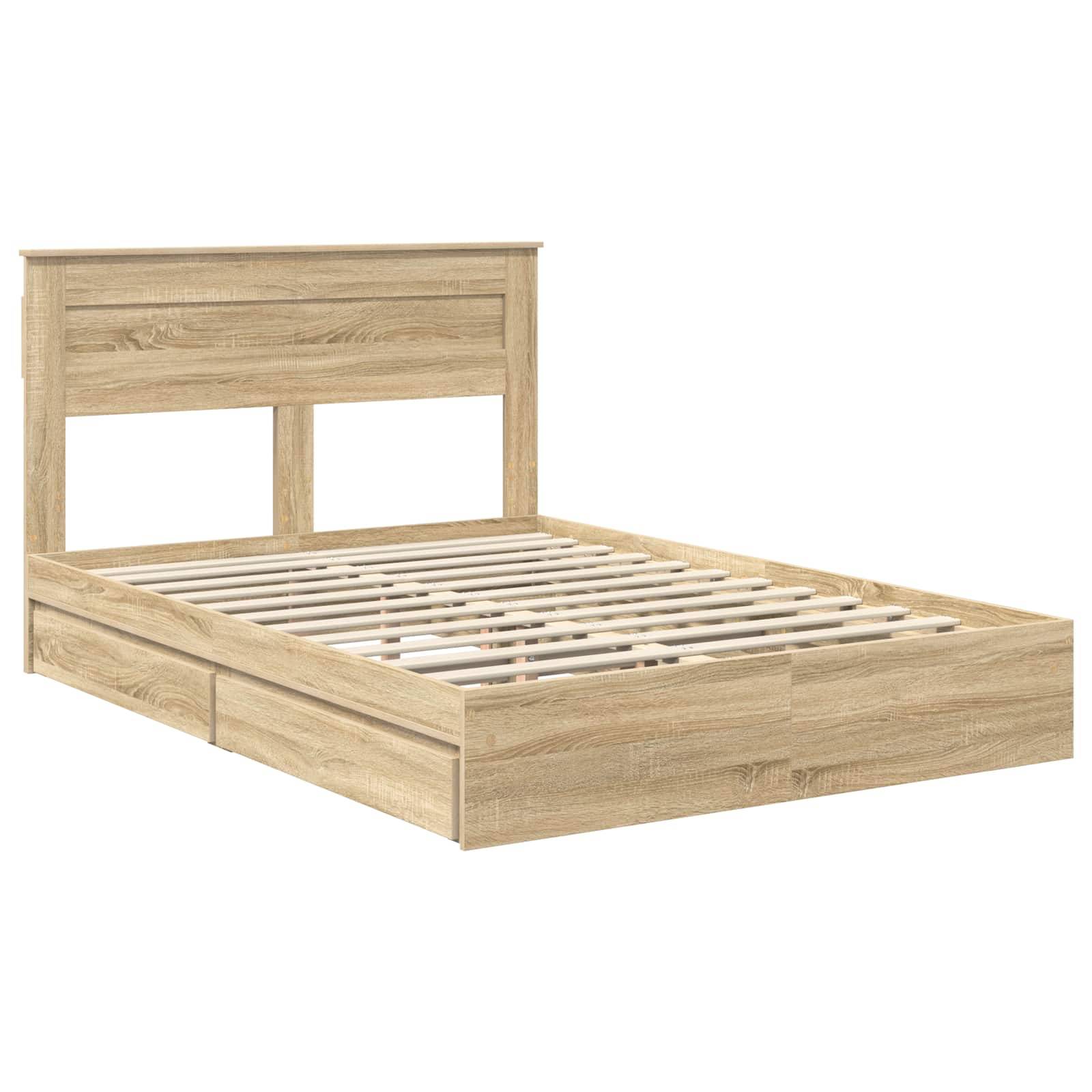 Ein Holzbettgestell mit Kopfteil und zwei Aufbewahrungsschubladen darunter, in einer hellen Eichenoberfläche präsentiert. Es ist kein Matratze vorhanden.