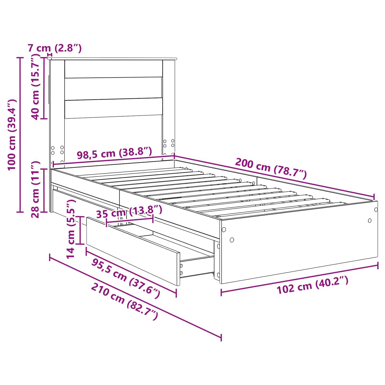 Bettrahmenabmessungen: Höhe 100 cm, Breite 98,5 cm, Länge 210 cm. Verfügt über einen Kopfteil, eine Unterbettschublade und eine Lattenrost-Basis.