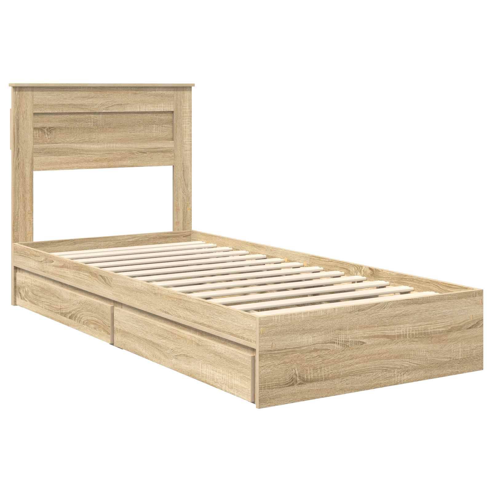 Ein Holz-Doppelbett mit Rahmen in Zweierbettgröße, das zwei Schubladen darunter hat. Der Rahmen verfügt über ein schlichtes, modernes Design mit einer hellen Eichen-Oberfläche.