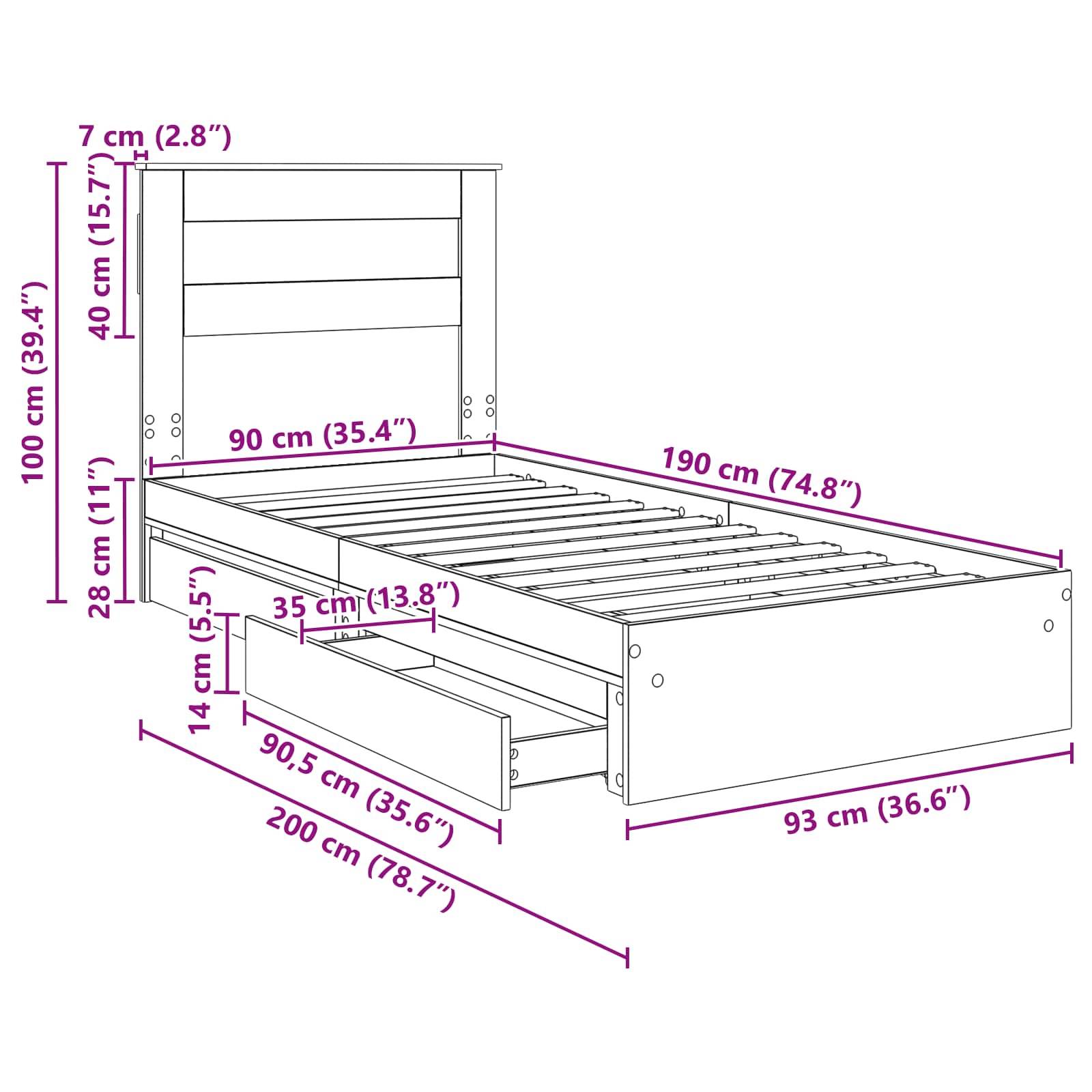 Technische Zeichnung eines Bettes mit Maßangaben: 200 cm (Länge), 93 cm (Breite), 100 cm (Höhe des Kopfteils), und 28 cm (Höhe des Fußteils). Ausgestattet mit Staurageschubladen darunter.