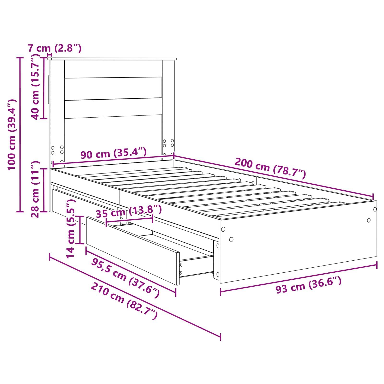 Bettdesign-Diagramm mit Abmessungen: Länge 200 cm, Breite 90 cm, Höhe 100 cm. Enthält Kopfteil, Unterbett-Schublade und Lattenrost.