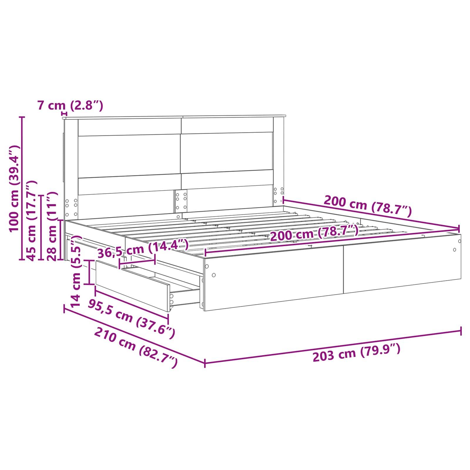 Darstellung eines Bettgestells mit beschrifteten Abmessungen: Kopfteilhöhe 100 cm, Bettlänge 210 cm, Breite 203 cm, Stauraum-Höhe 14 cm.