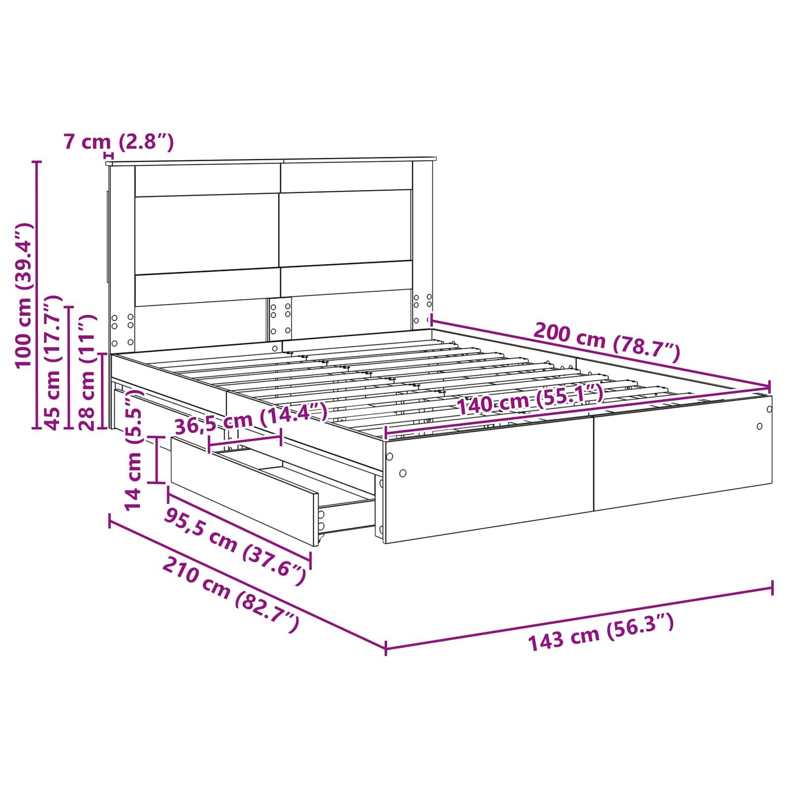 Bett mit Maßen und Schubladendetails: 210 cm (82,7
