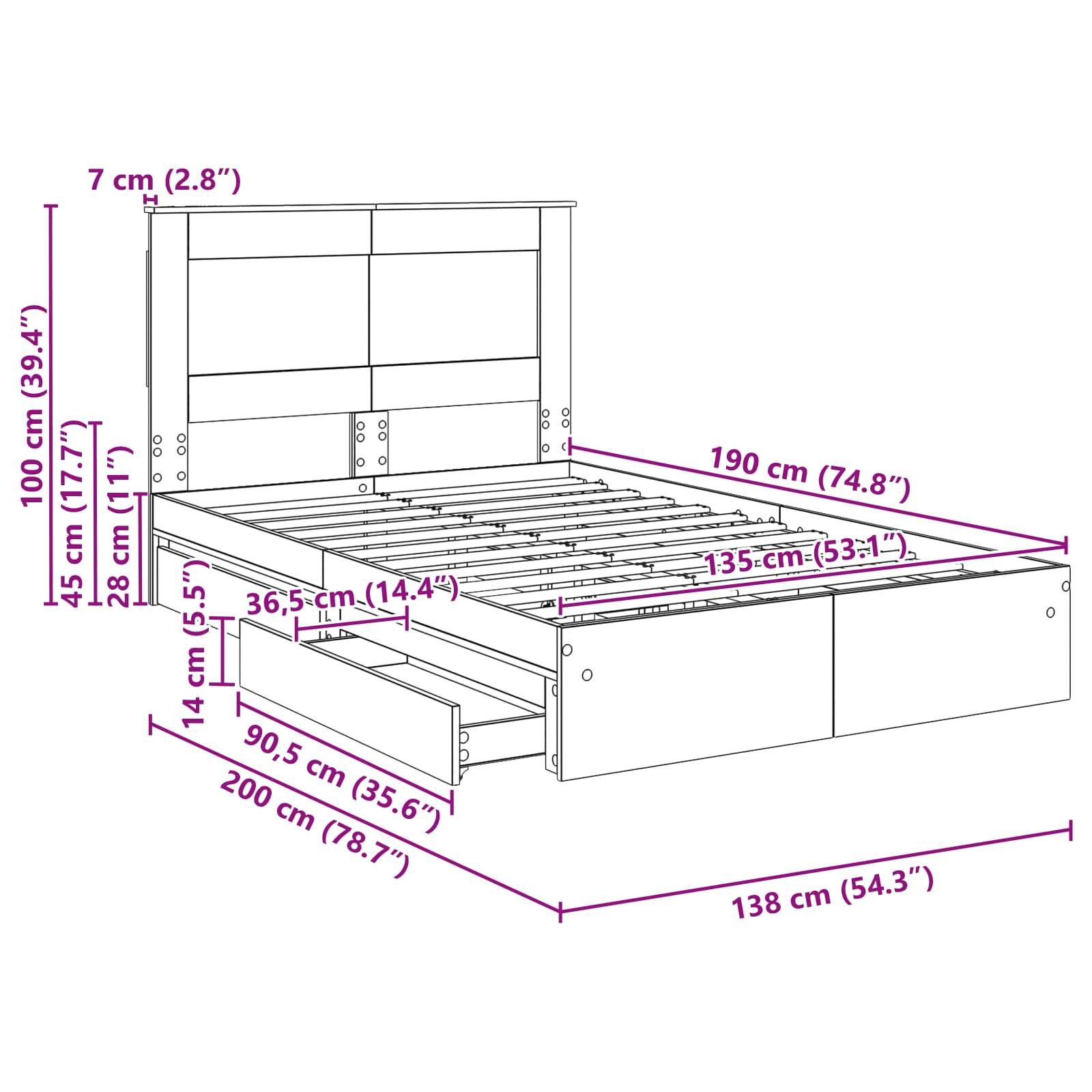 Bettgestell mit Kopfteil und zwei Schubladen unter dem Bett, Maße wie folgt: 190 cm Länge, 138 cm Breite, 100 cm Kopfteilhöhe. Die Schubladen sind 36,5 cm tief.