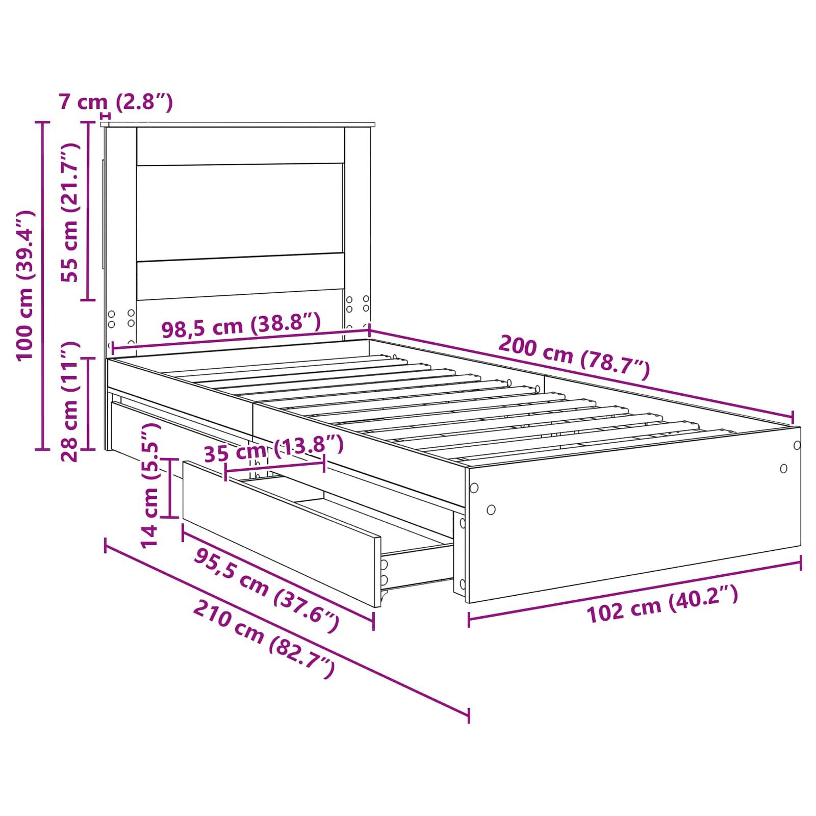 Montagediagramm für Bettgestell mit Maßangaben: Breite 98,5 cm, Länge 200 cm, Höhe des Kopfteils 100 cm, Schubladen-Höhe 14 cm und Schubladen-Breite 95,5 cm.