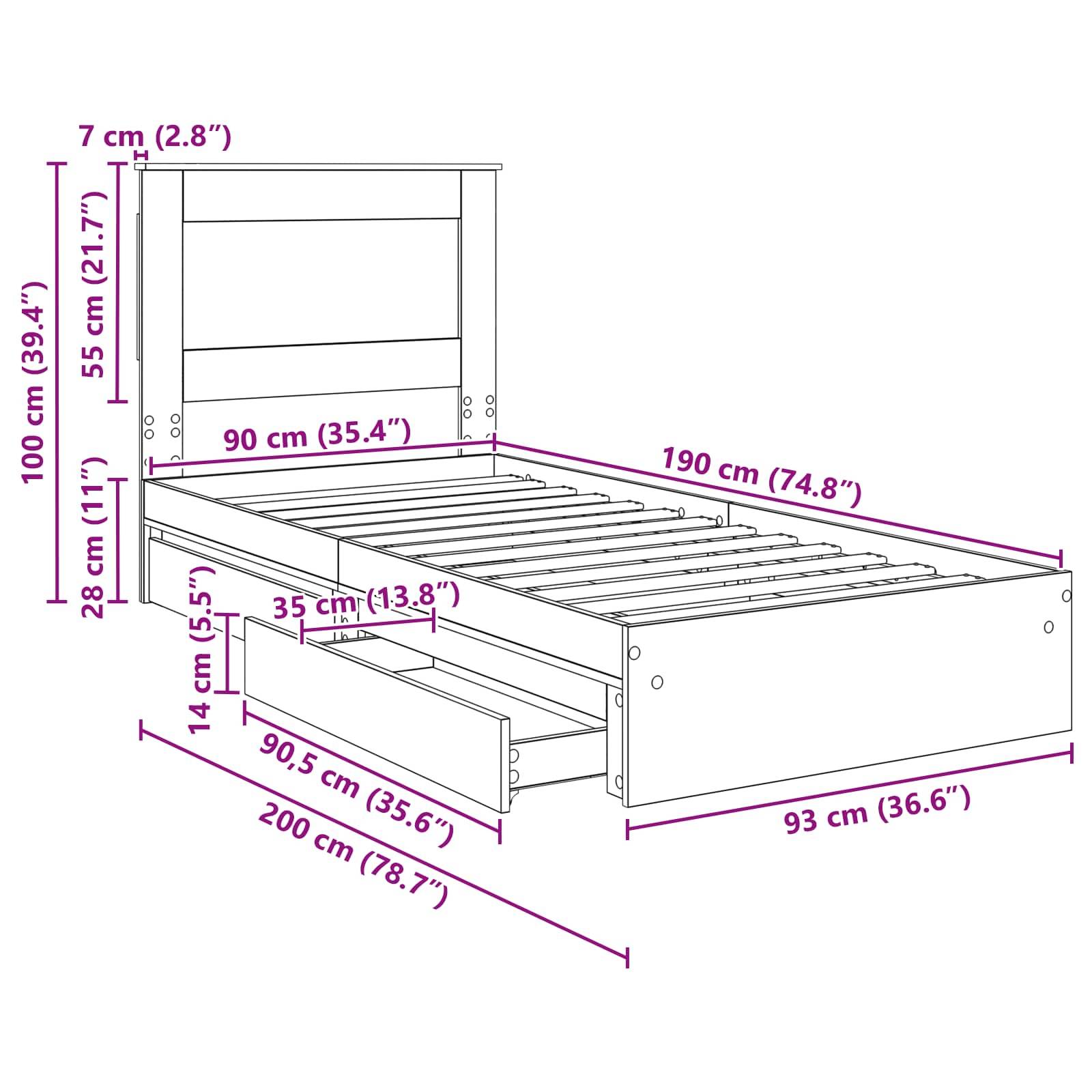 Ein Diagramm eines Bettgestells mit Abmessungen, die in Zentimetern und Zoll beschriftet sind, das Höhe, Breite, Länge und Schubladengröße zeigt.