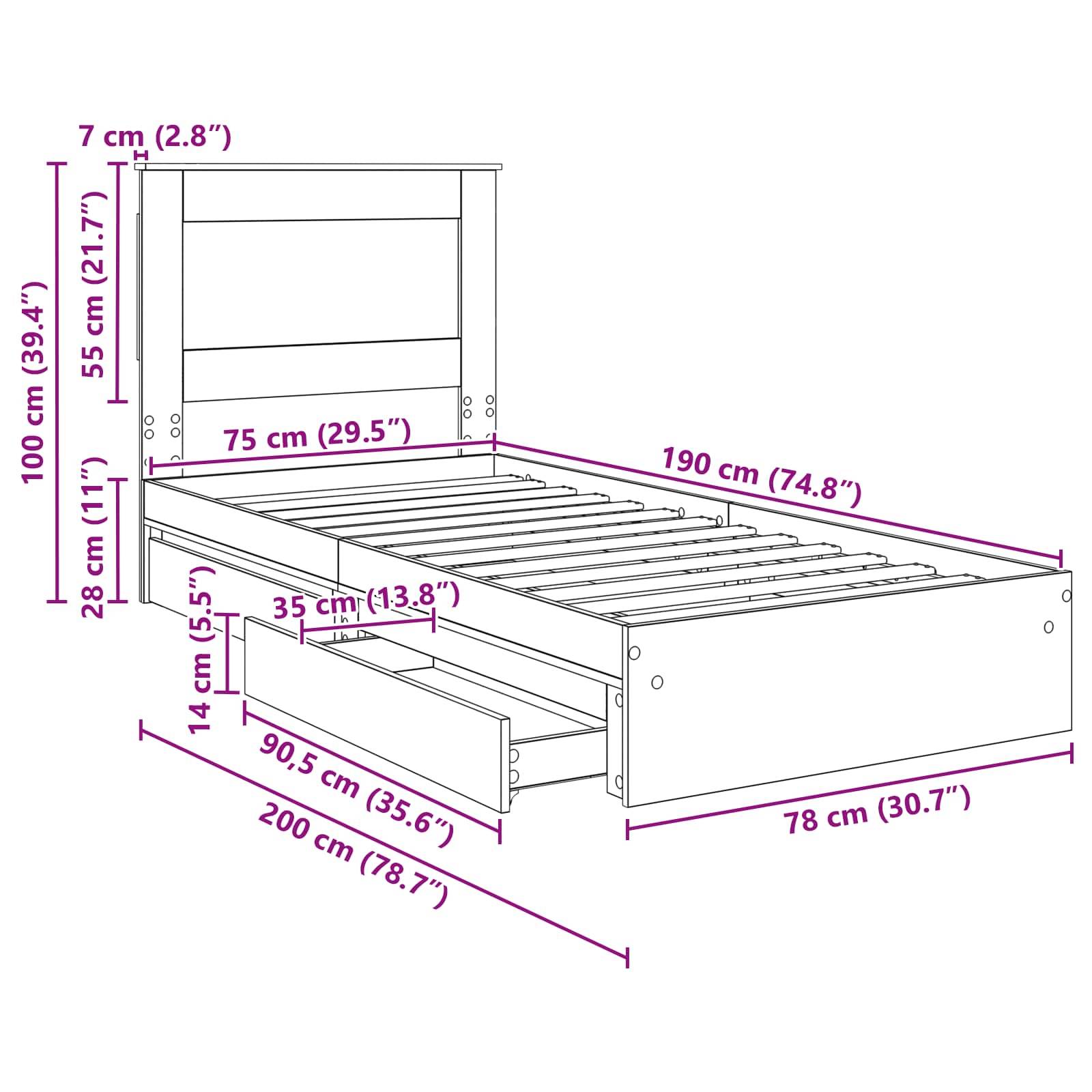 Eine Linienzeichnung eines Bettgestells mit Maßangaben: Breite 100 cm, Länge 200 cm, Höhe 90,5 cm. Enthält einen Kopfteil und zwei Schubladen.
