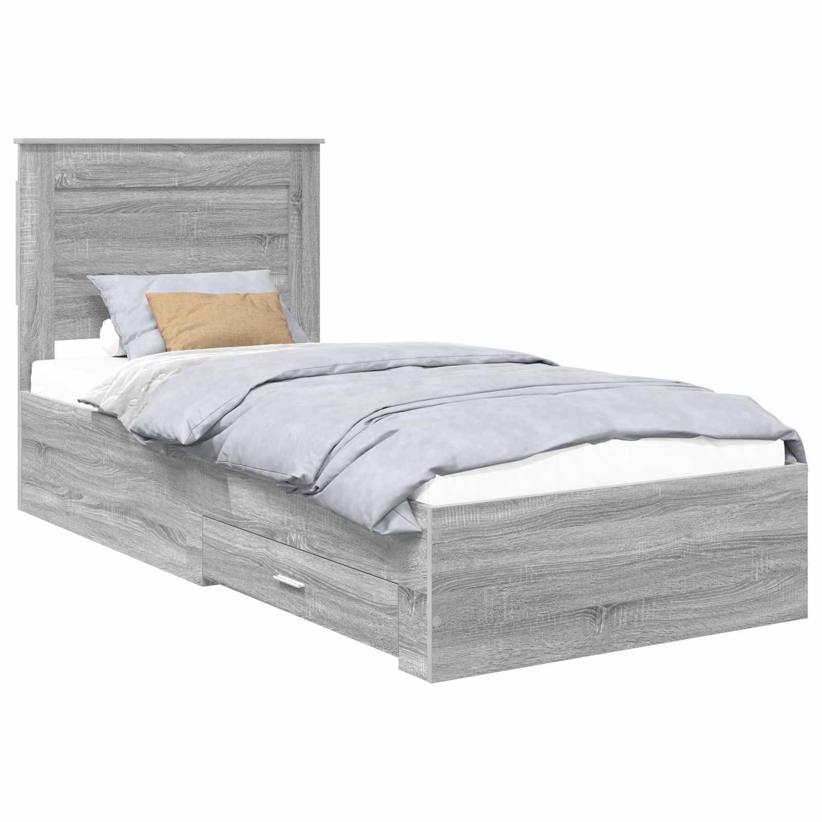 Ein grauer Holzbett mit hohem Kopfteil, hellblauer Bettwäsche und zwei Schubladen darunter, das ein funktionales und modernes Design präsentiert.