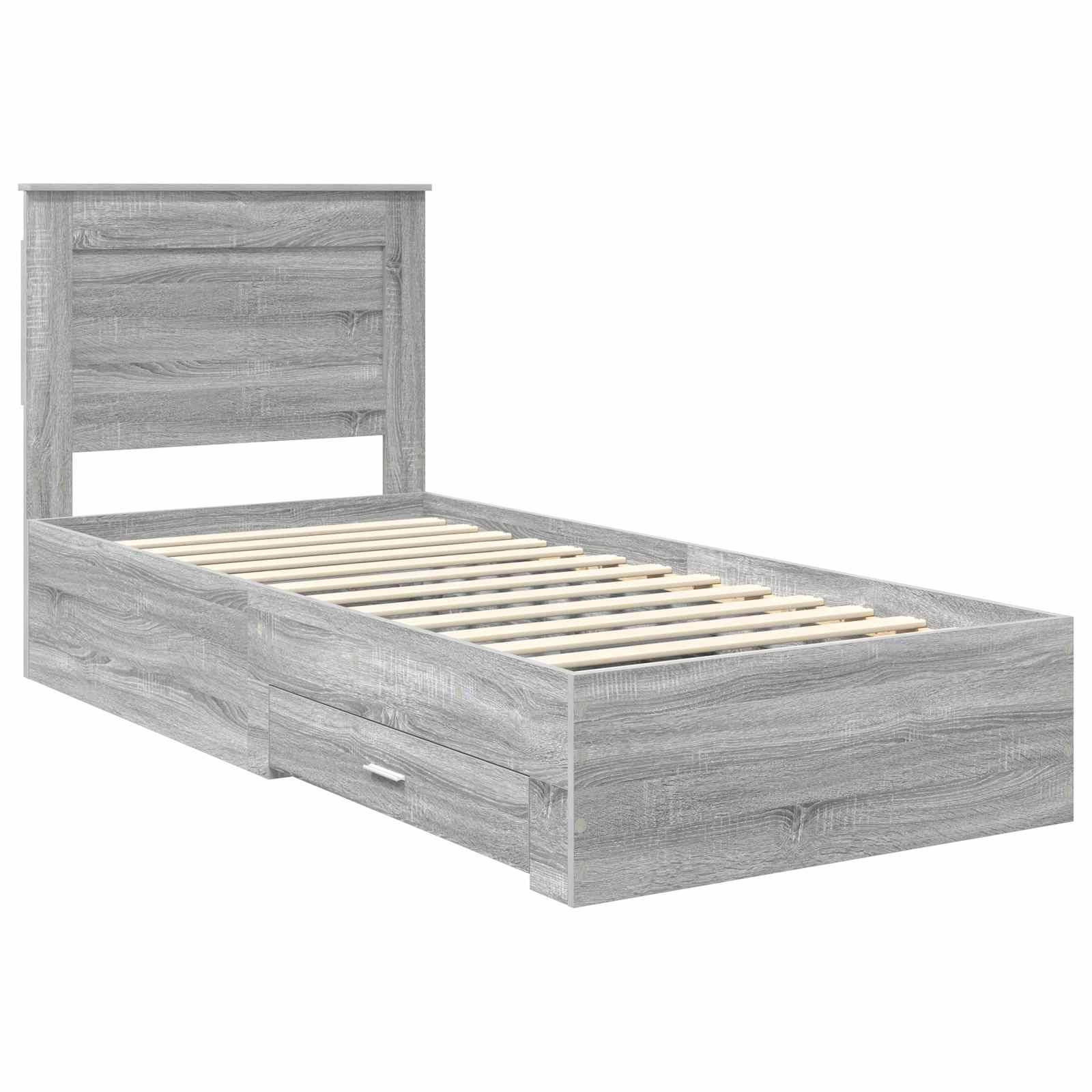 Ein grauer Holz-Zwillingsbettrahmen mit hohem Kopfteil und einer integrierten Schublade unter dem Bett.