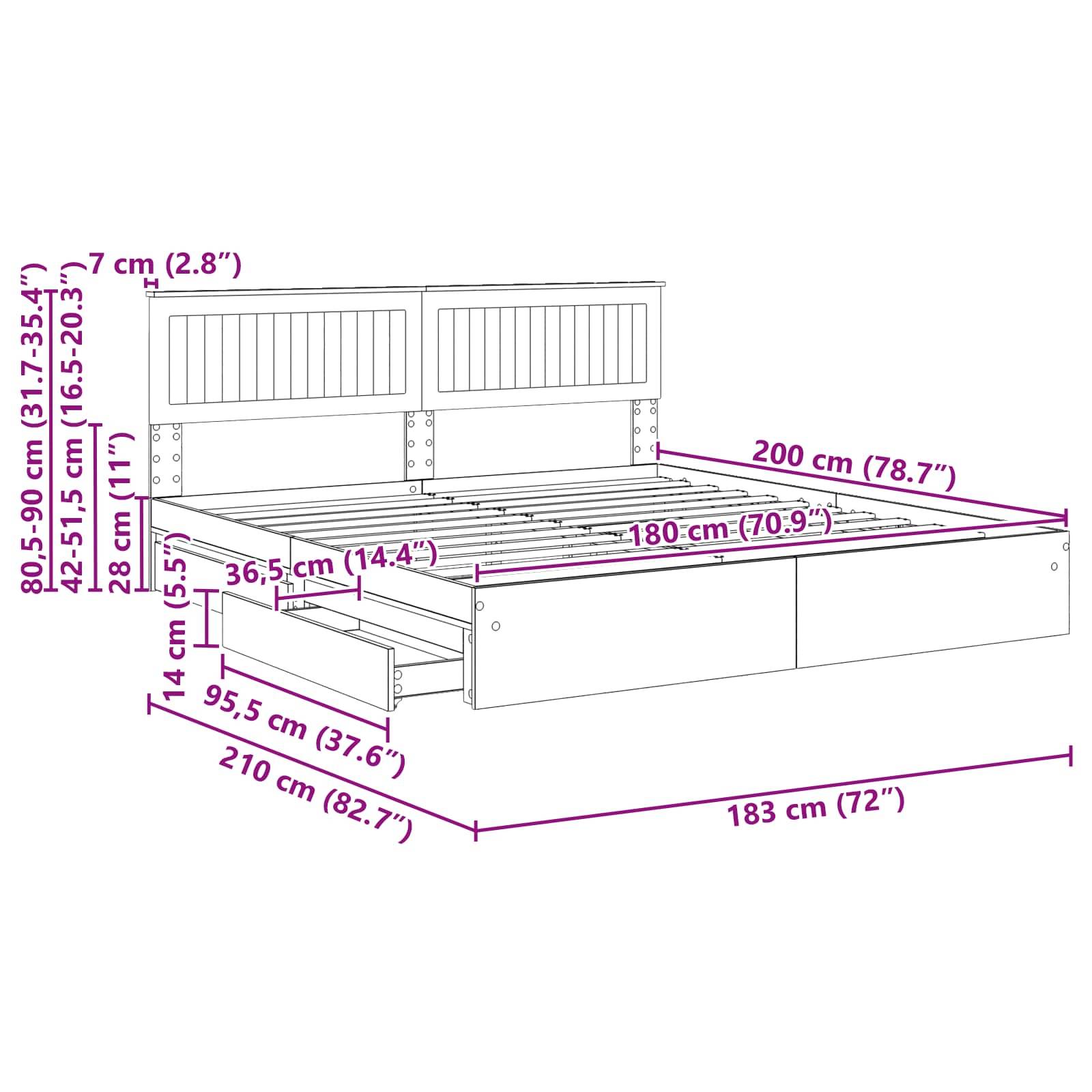 Ein Bettrahmen-Design mit präzisen Maßangaben in Zentimetern und Zoll, das die Abmessungen für Länge, Breite und Höhe zeigt.
