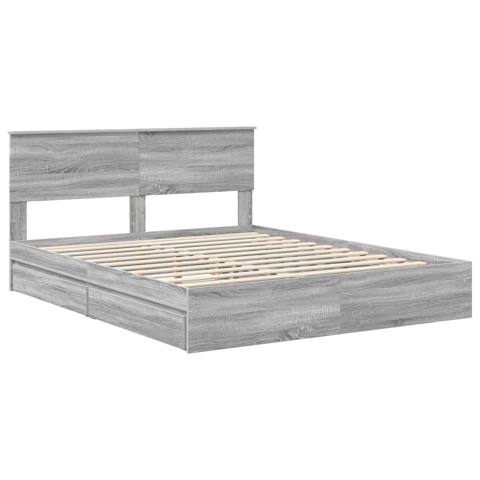 Ein grauer Holzbettrahmen mit modernem, minimalistischem Design, ausgestattet mit einer Lattenrost-Basis und einem schlichten rechteckigen Kopfteil.