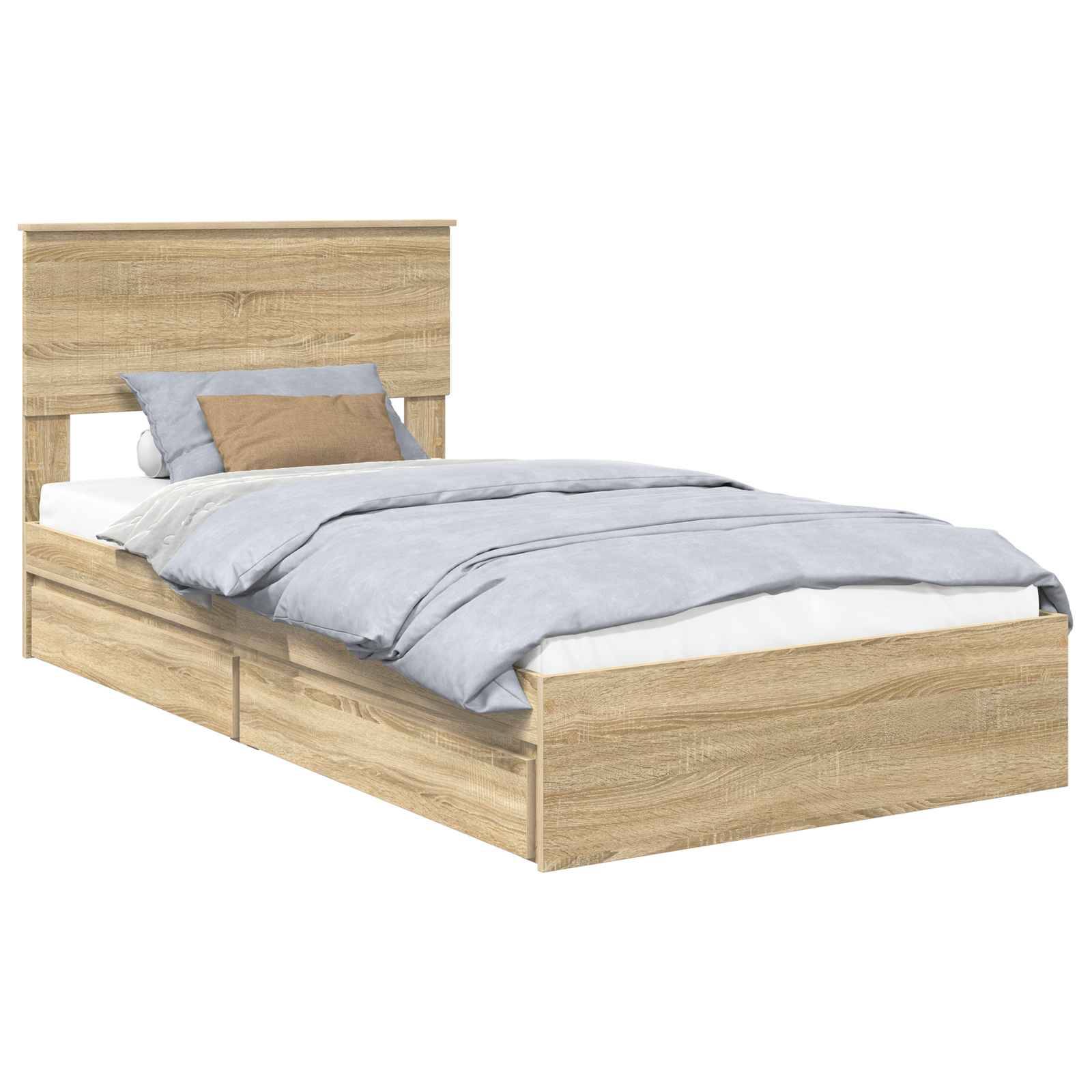 Ein Holzbettgestell mit hohem Kopfteil, heller Holzoberfläche und sorgfältig bezogener Bettwäsche in gedämpften Tönen. Zwei in die Basis integrierte Schubladen.