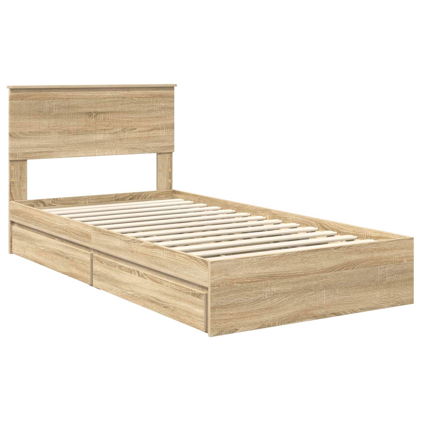 Ein Holzbettgestell mit Lattenrost, in heller Eiche-Optik, ausgestattet mit einem Kopfteil und zwei Bettkasten-Schubladen an einer Seite.