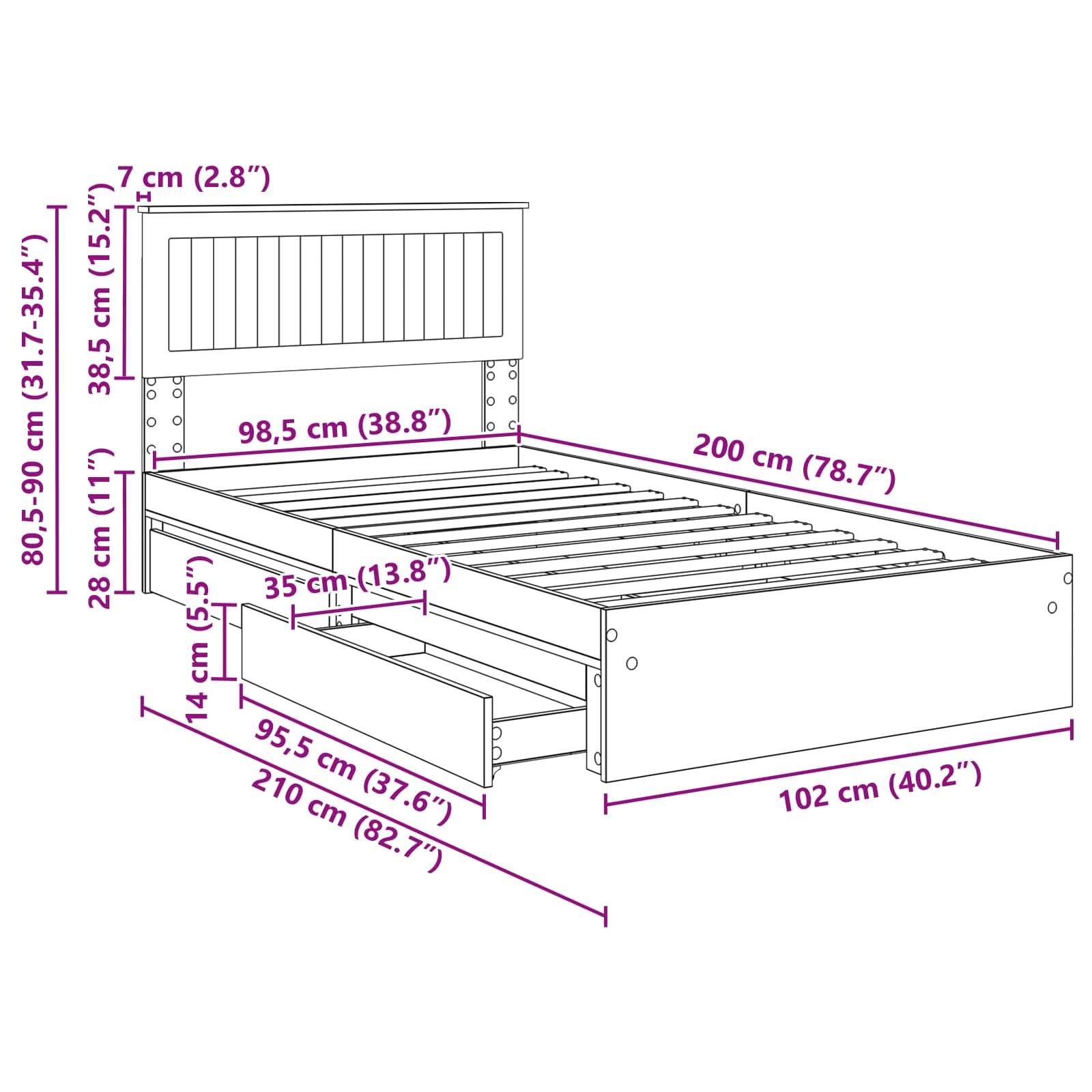 Bettgestell mit Maßangaben: Höhe 80,5-90 cm, Breite 98,5 cm, Länge 200 cm, Schubladenbreite 95,5 cm, Tiefe 35 cm.