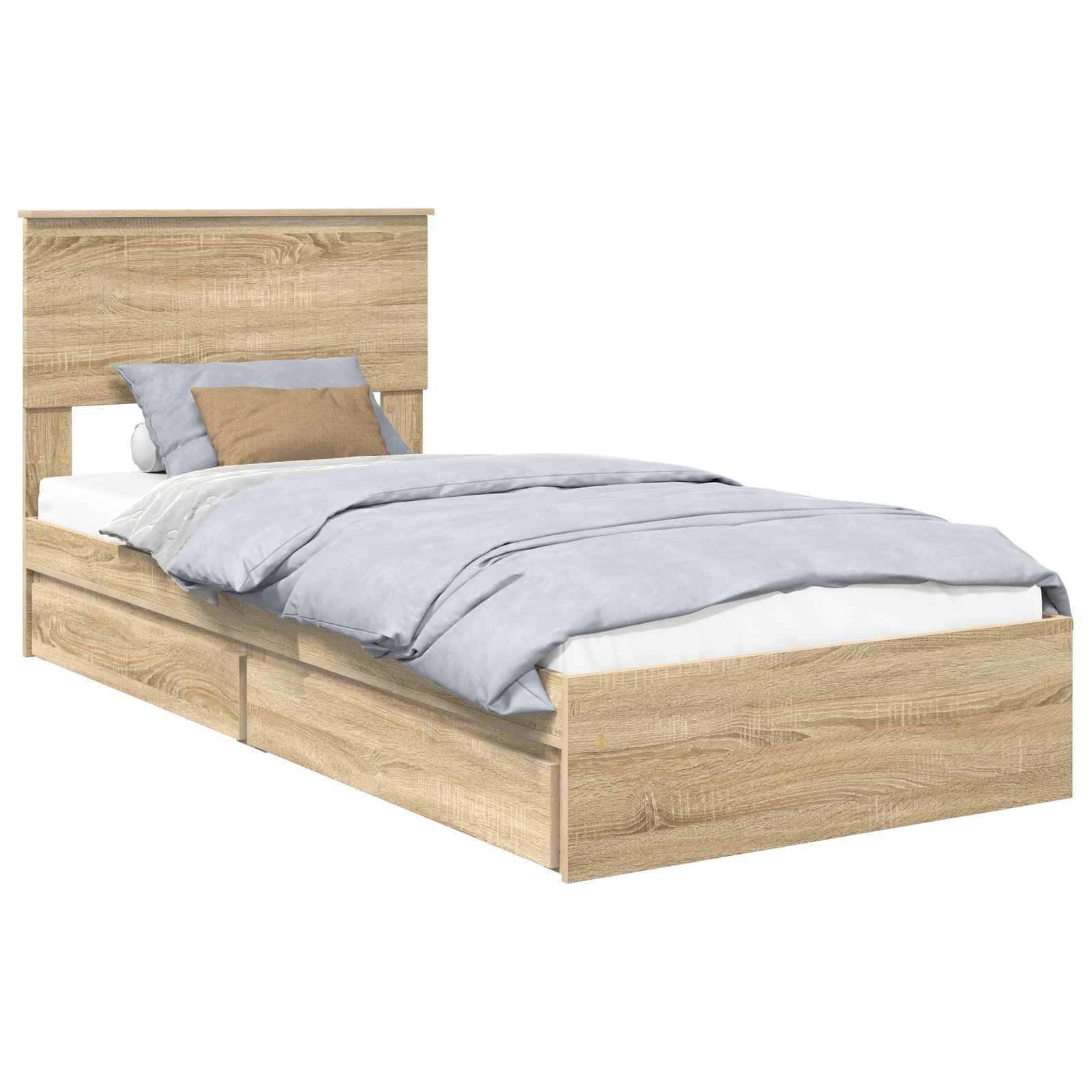 Ein Holzbett mit Kopfteil, hellblauen Bettwäsche und einem zusätzlichen braunen Kissen. Das Bett verfügt über Schubladen zur Unterbettaufbewahrung.