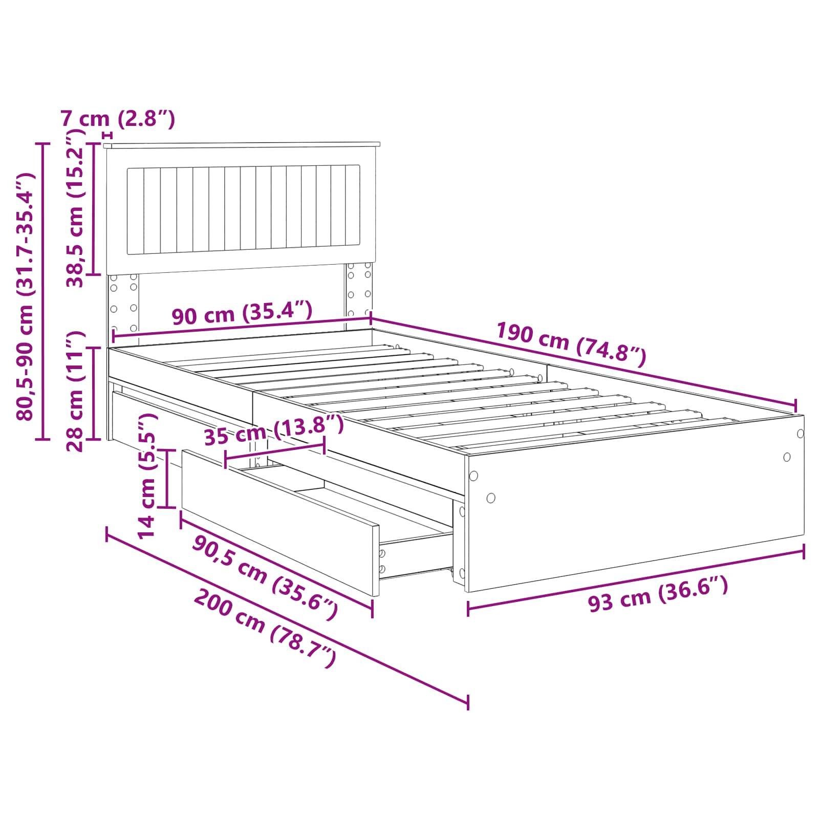 Eine Linienzeichnung eines Bettgestells mit Stauraum und Abmessungen. Maße: Höhe 80-90 cm, Breite 90 cm, Tiefe 190 cm, inklusive ausziehbarer Schubladen.