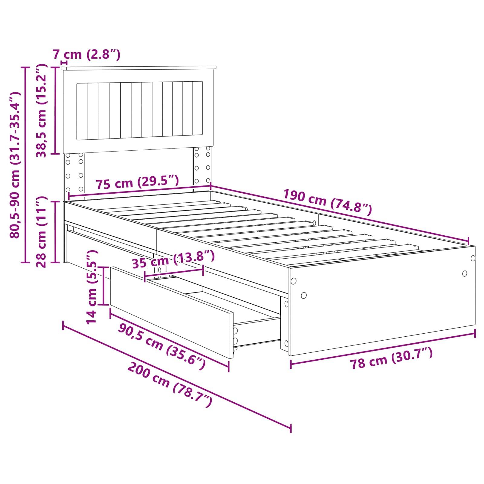 Etagenbett-Abmessungen: Länge 200 cm (78,7