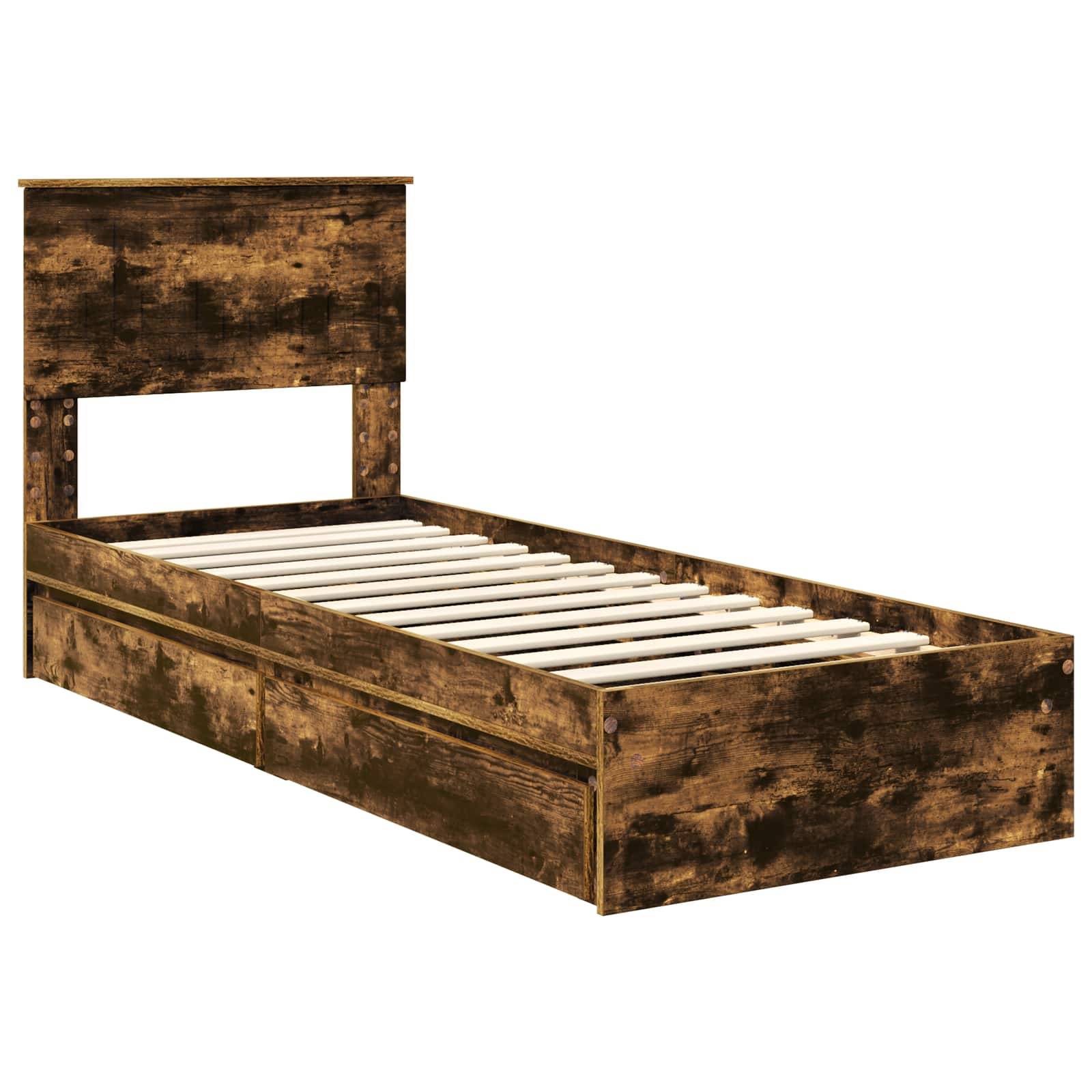 Ein Holz-Doppelbett mit rustikaler Oberfläche, ausgestattet mit einer Lattenrost-Basis und einem Kopfteil sowie zwei Staurageschubladen darunter.
