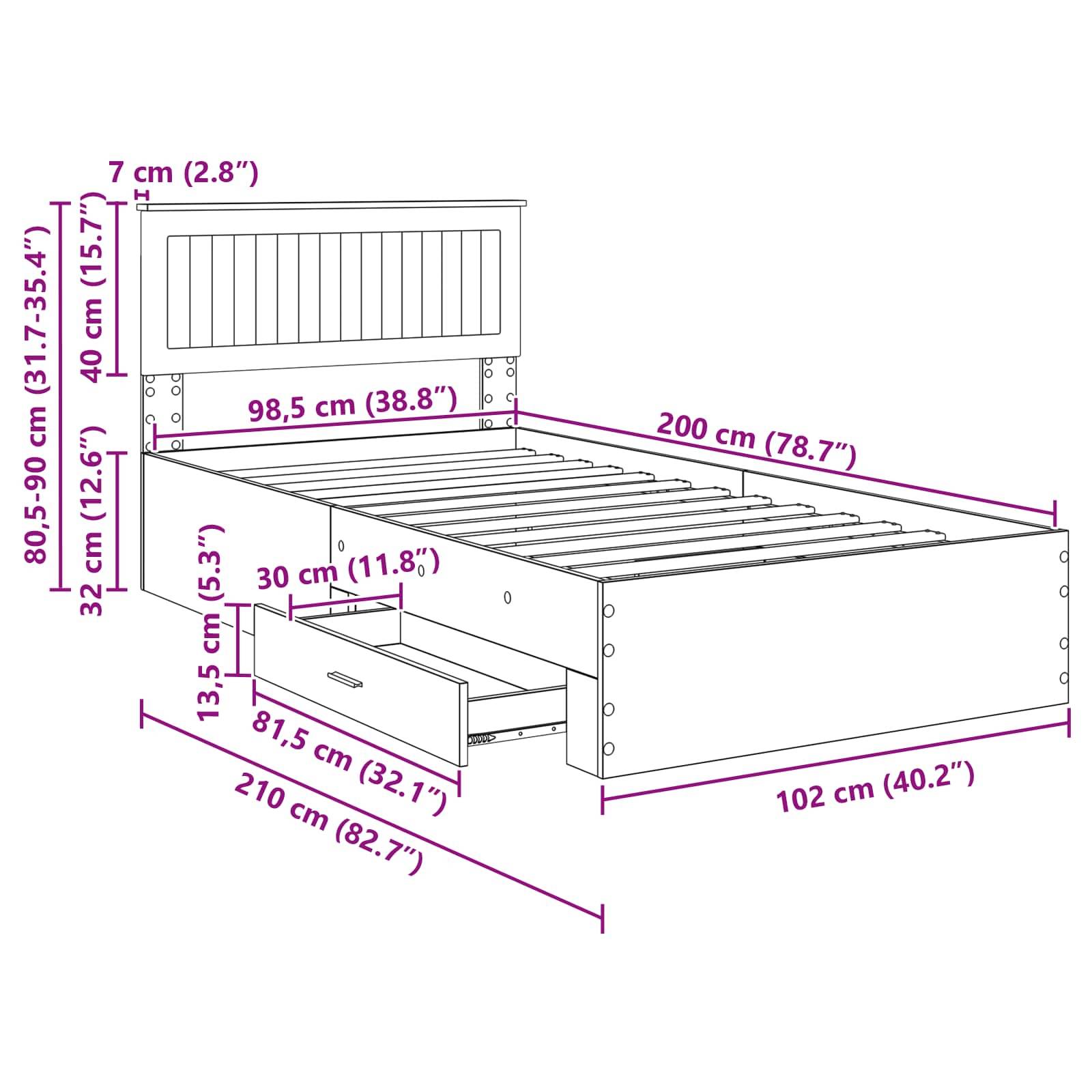 Bettgestell-Diagramm mit Maßen: Höhe 80-90 cm, Breite 98,5 cm, Länge 200 cm. Enthält zwei Schubladen, jeweils 81,5 cm breit, 32 cm tief.