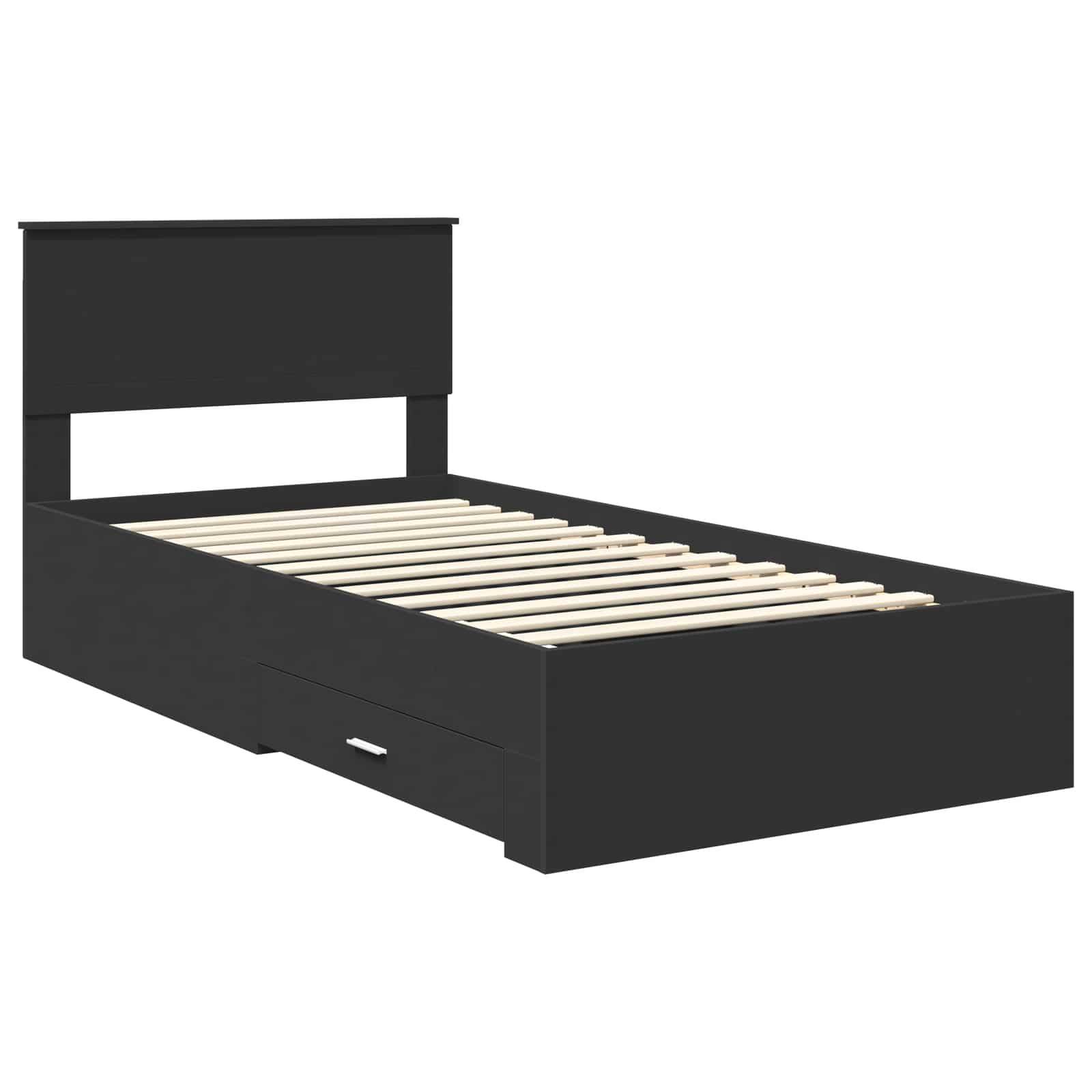 Ein schwarzes Holz-Plattformbett mit Kopfteil und Staurageschubladen darunter. Die Lattenroststreben sind am Bettgestell sichtbar.
