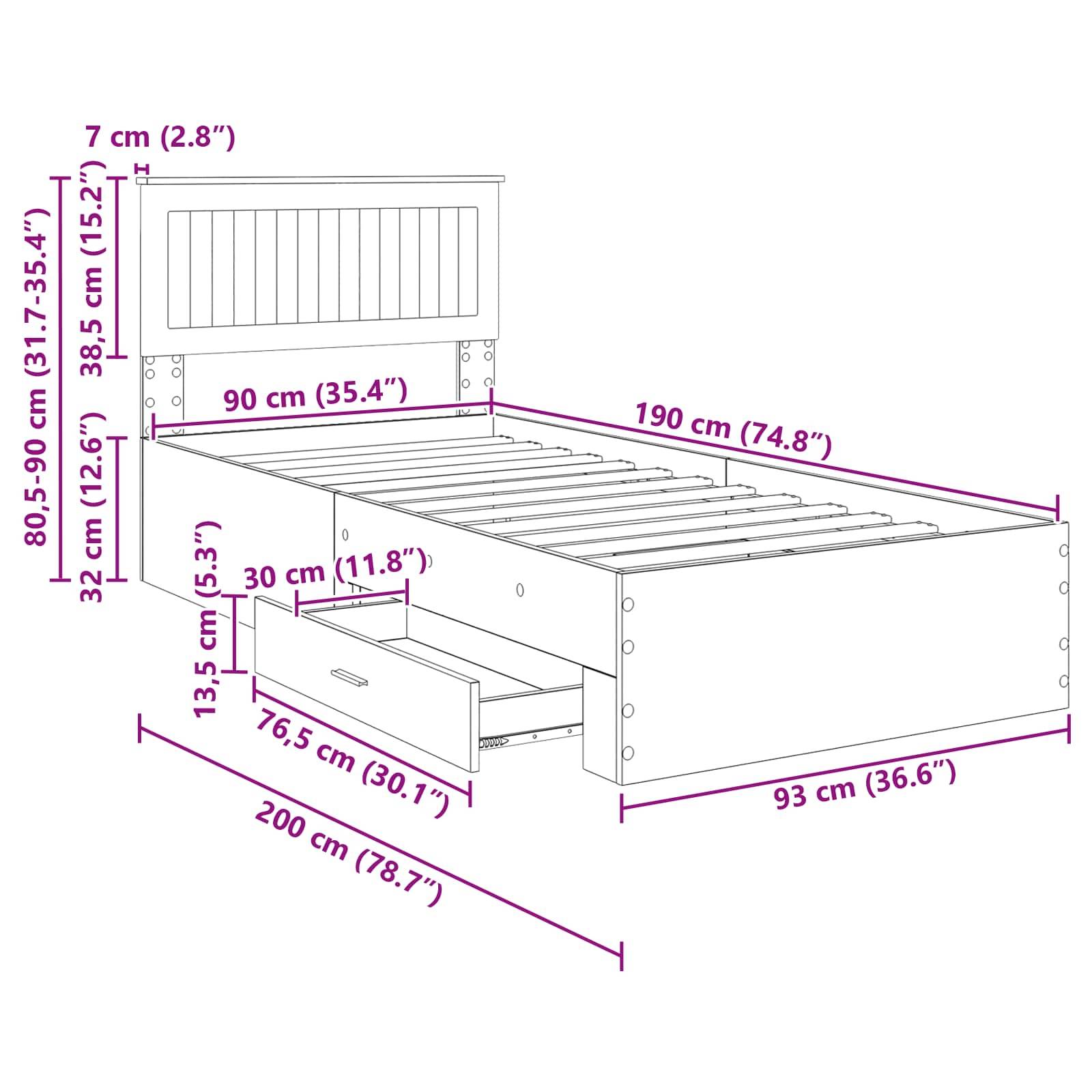 Bettgestell mit Maßen: Breite 90 cm (35,4