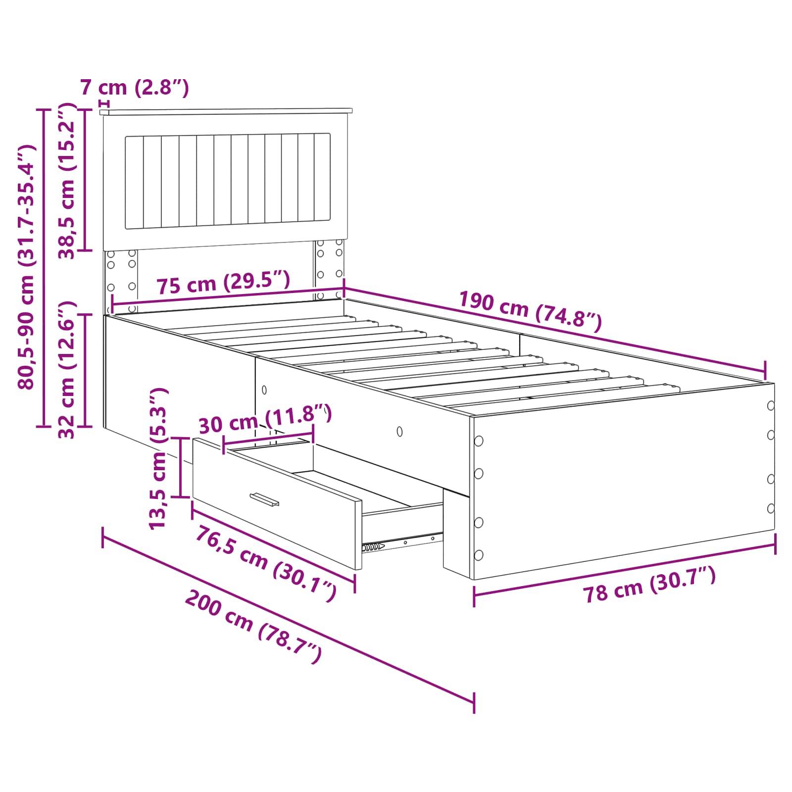 vidaXL Bettrahmen Graue Sonoma und Silber 75 x 190 cm Holzwerkstoff