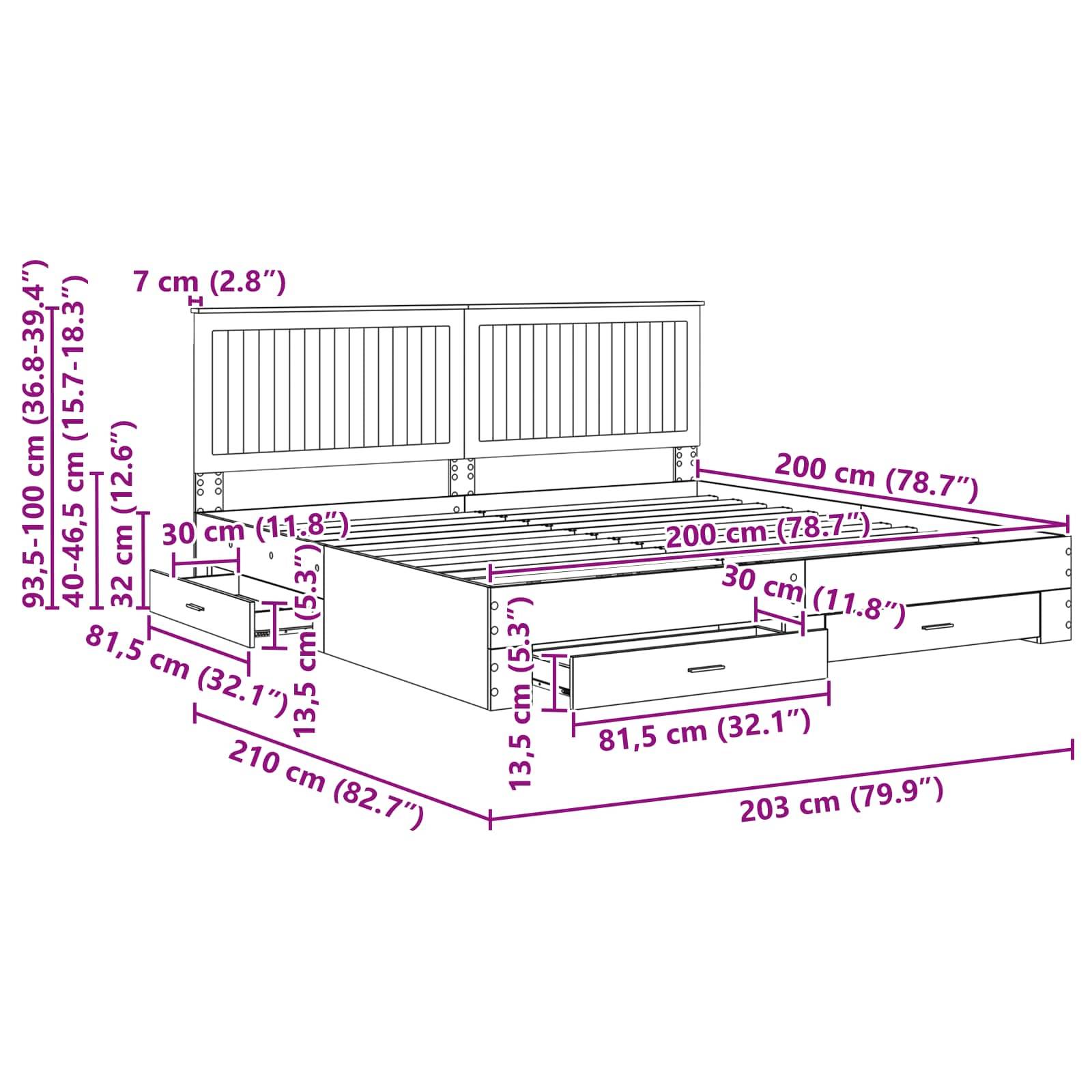 Eine Skizze eines Bettgestells mit Abmessungen: 203 cm lang, 200 cm breit, Kopfteilhöhe 93,5-100 cm, Sockelhöhe 40,5-45 cm. Inklusive Schubladen.