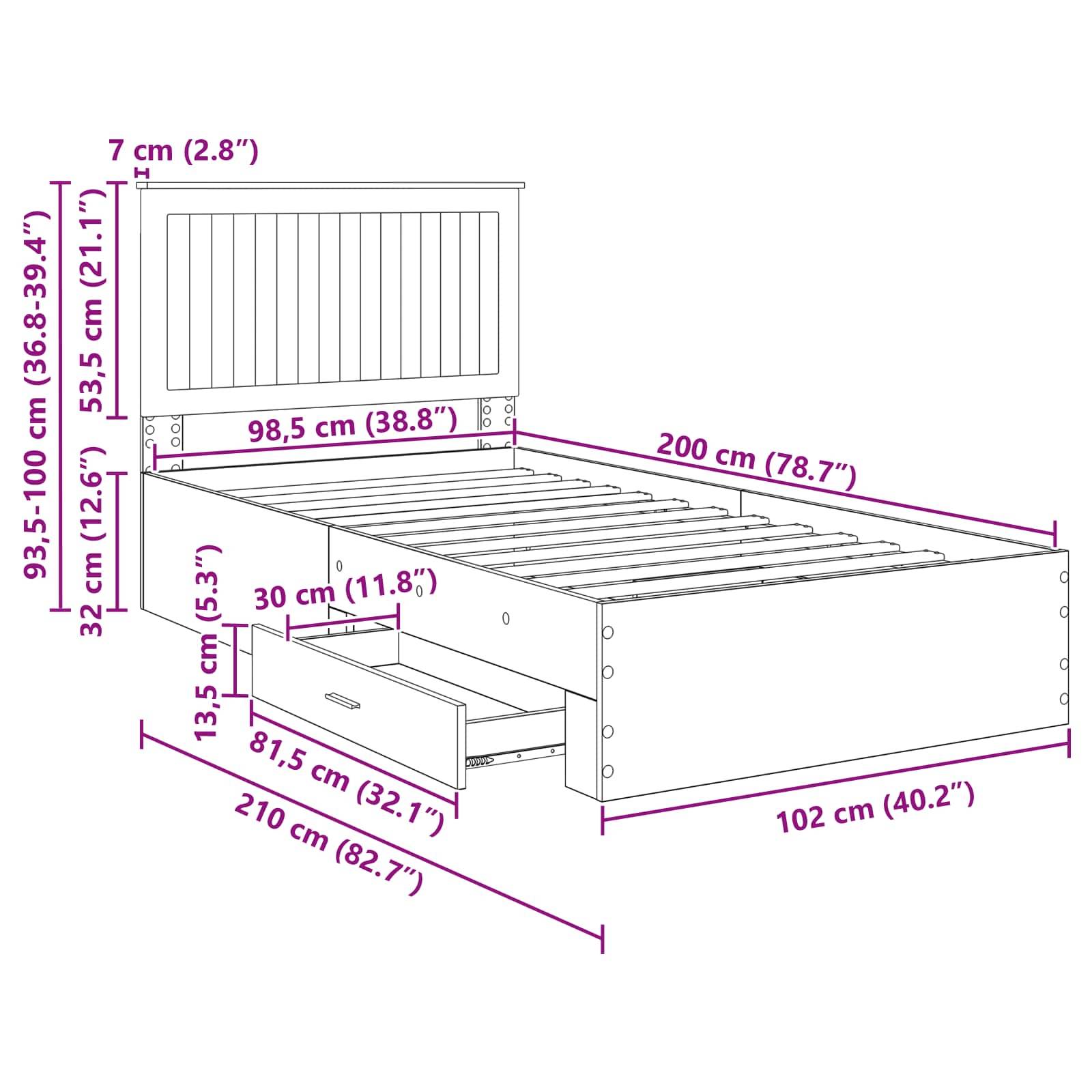 Diagramm eines Bettes mit Maßen: Höhe 93,5-100 cm, Breite 98,5 cm, Länge 200 cm. Schubladen mit Abmessungen von 15 cm Höhe und 81,5 cm Breite.
