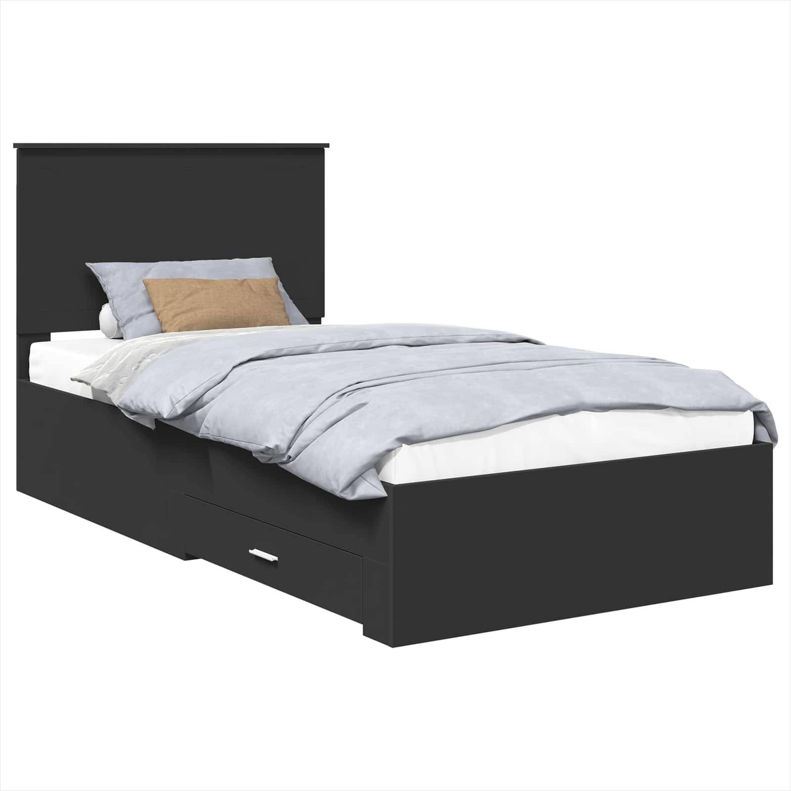 Einzelbett mit schwarzem Rahmen, grauem Kopfteil und einer Schublade zur Aufbewahrung darunter. Es ist mit grauer Bettwäsche und einem beigen Kissen bezogen.