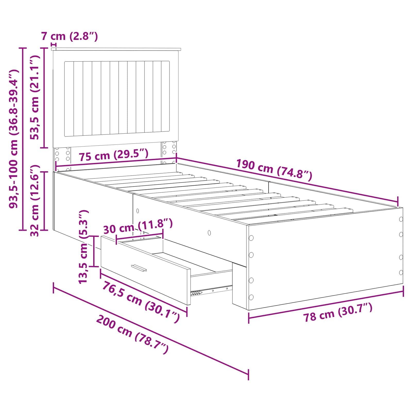 Ein Bettrahmen-Diagramm mit Abmessungen: Höhe 9,5–100 cm, Länge 200 cm, Breite 78 cm. Inklusive einer Schublade von 30 cm Breite, 11,8 cm Höhe.