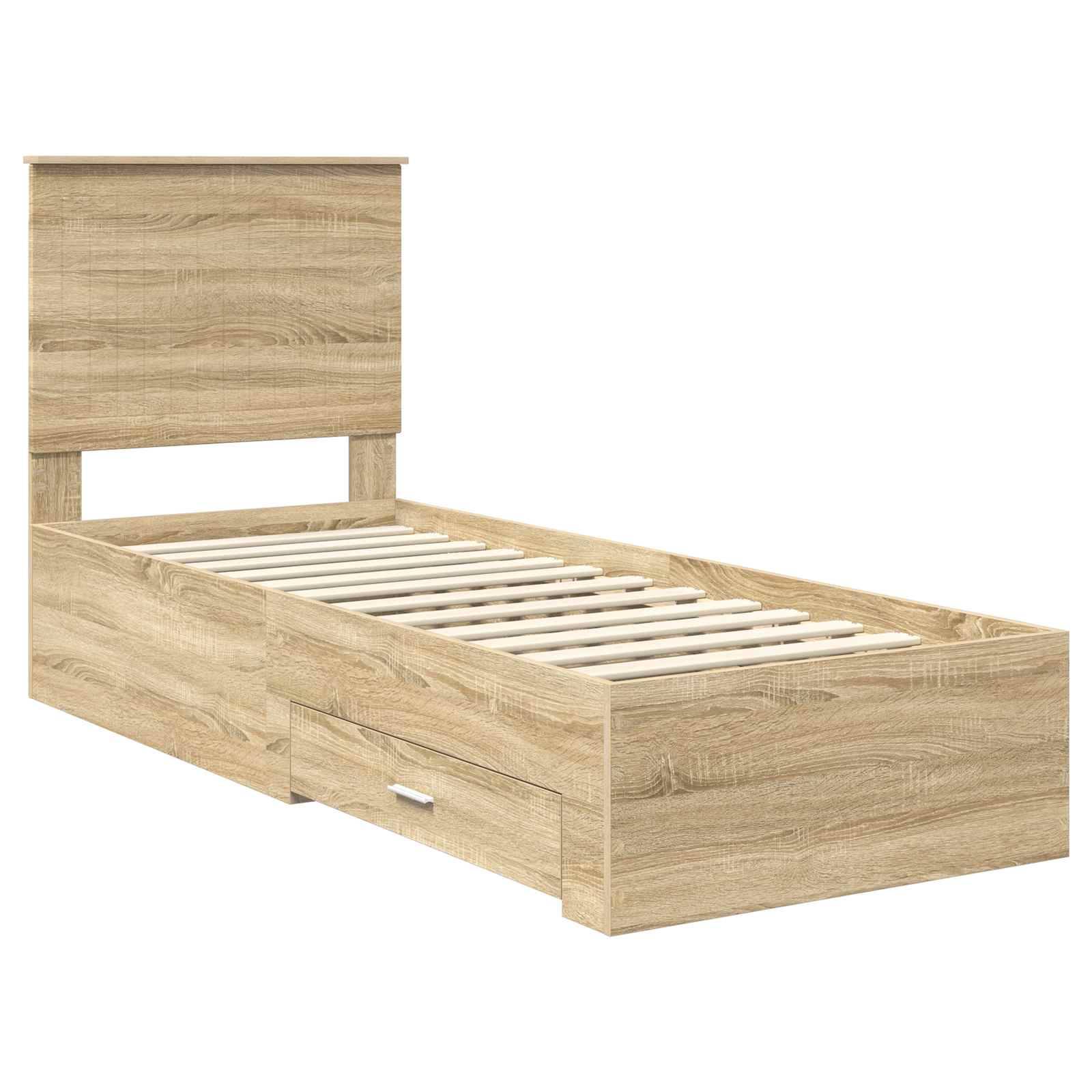 Ein Holz-Einzelbettgestell mit Lattenrost, ausgestattet mit einem Kopfteil und einer seitlichen Schublade zur Aufbewahrung.