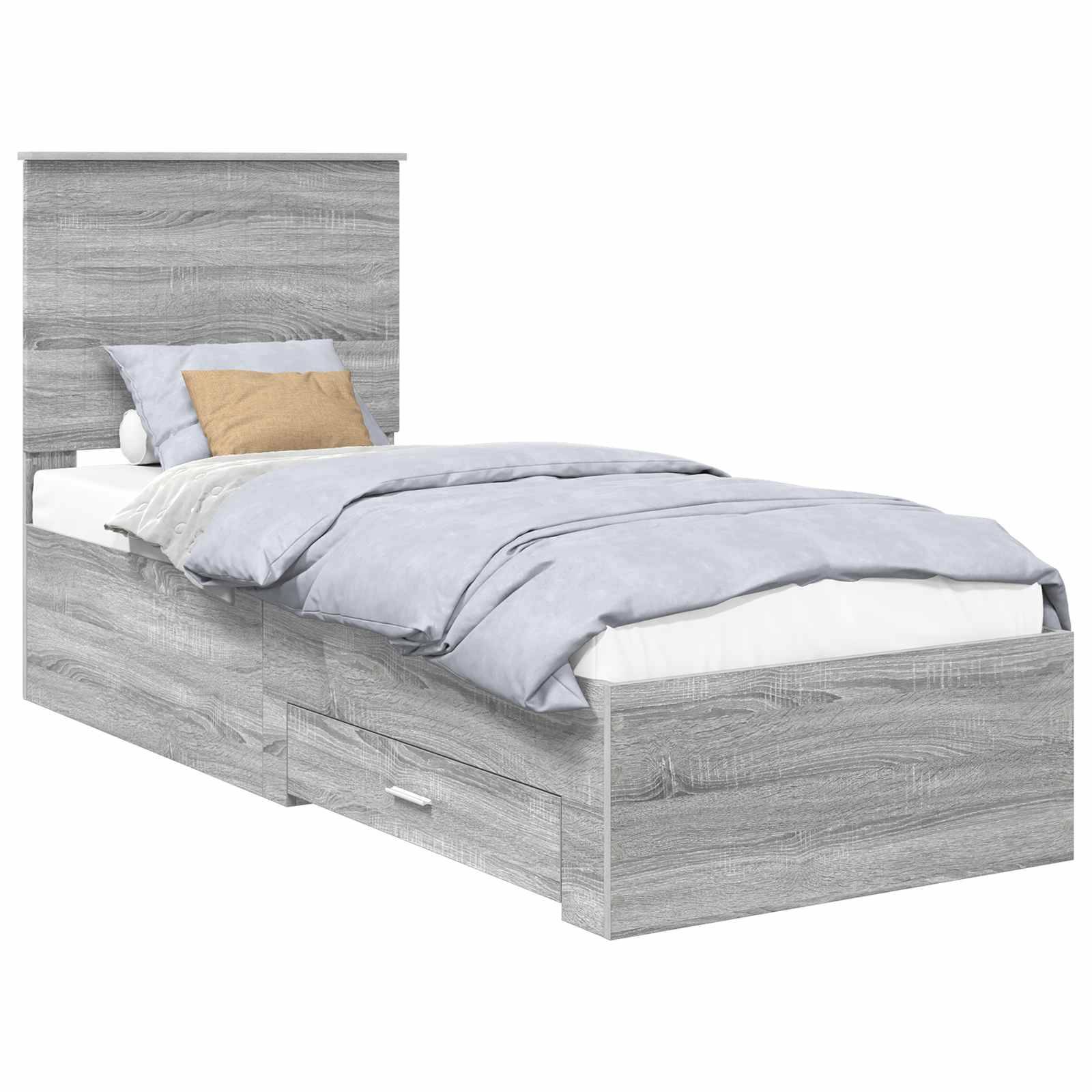 Ein grau lackiertes Holzbett mit hellblauer Bettwäsche und braunen Zierkissen. Es verfügt über einen Kopfteil und einen Schubkasten unter dem Bett zur Aufbewahrung.