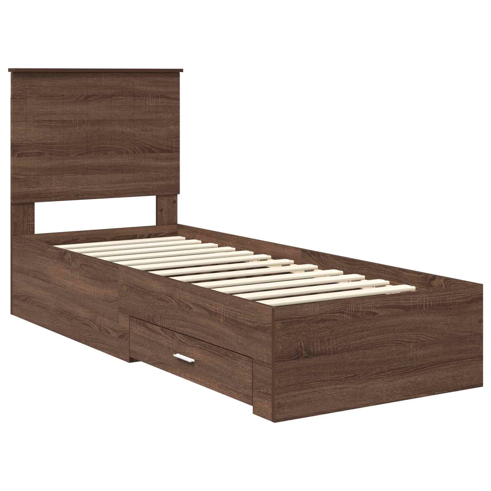 Ein Holz-Einzelbettgestell mit Kopfteil, das eine Aufbewahrungsschublade darunter hat. Die Latten sind sichtbar, ohne Matratze.