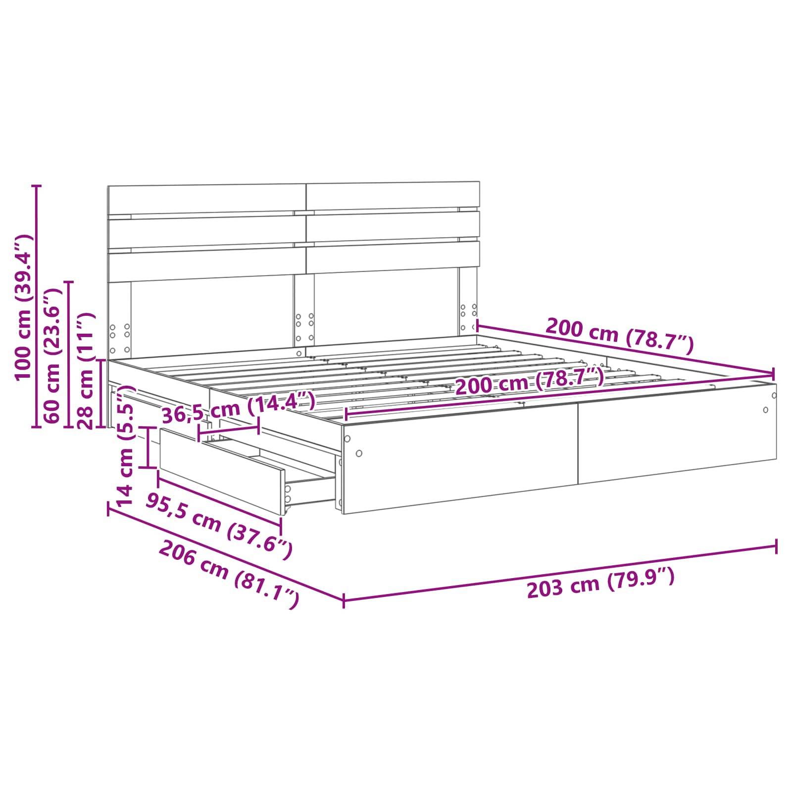 Skizze eines Bettes mit Maßen: Länge 206 cm, Breite 203 cm und einer Höhe von 100 cm einschließlich Kopfteil. Enthält Details zu Schubladen.