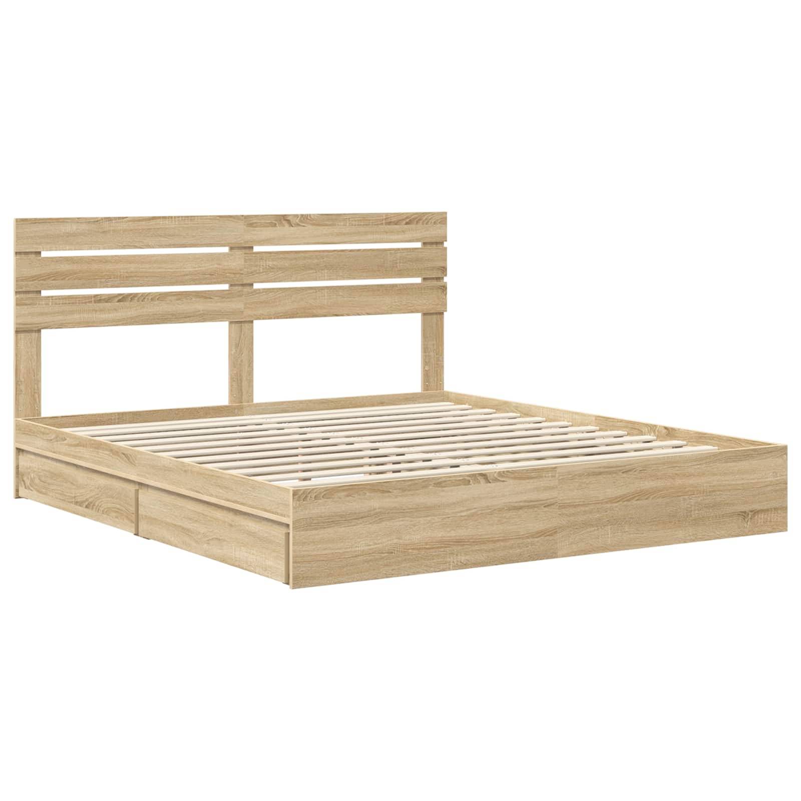 Ein Holzplattformbett mit einem gerillten Kopfteil und Staurageschubladen darunter, ausgestattet mit einer natürlichen Holzoberfläche.