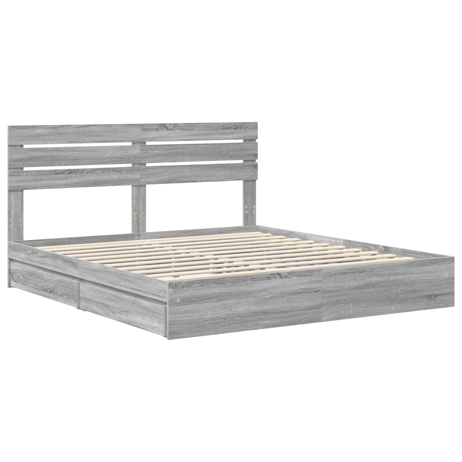 Ein Holzbettgestell mit hellgrauer Beschichtung, ausgestattet mit einem Lattenrost-Kopfteil und -Fuß, konzipiert für eine Matratze ohne Boxspring.