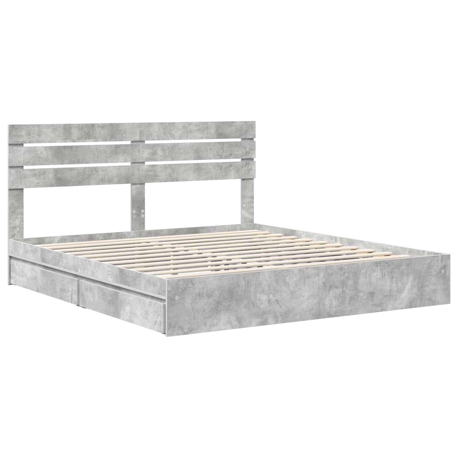 Ein grauer Holzbettrahmen mit einer lamellaren Basis und einem einfachen Kopfteildessign, geeignet für eine moderne Schlafzimmereinrichtung.