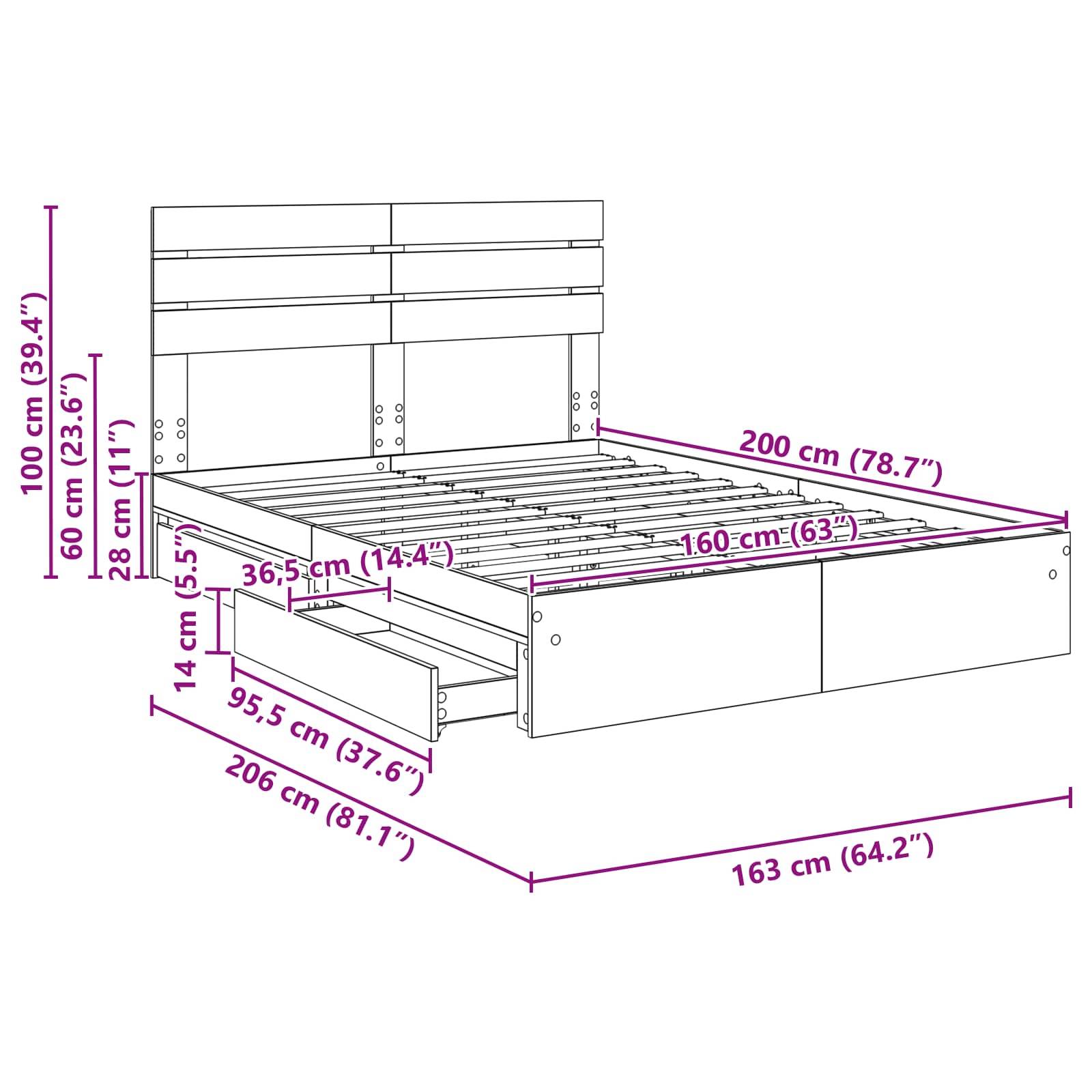 Diagramm eines Bettes mit Maßen: Kopfteil 100 cm (39,4